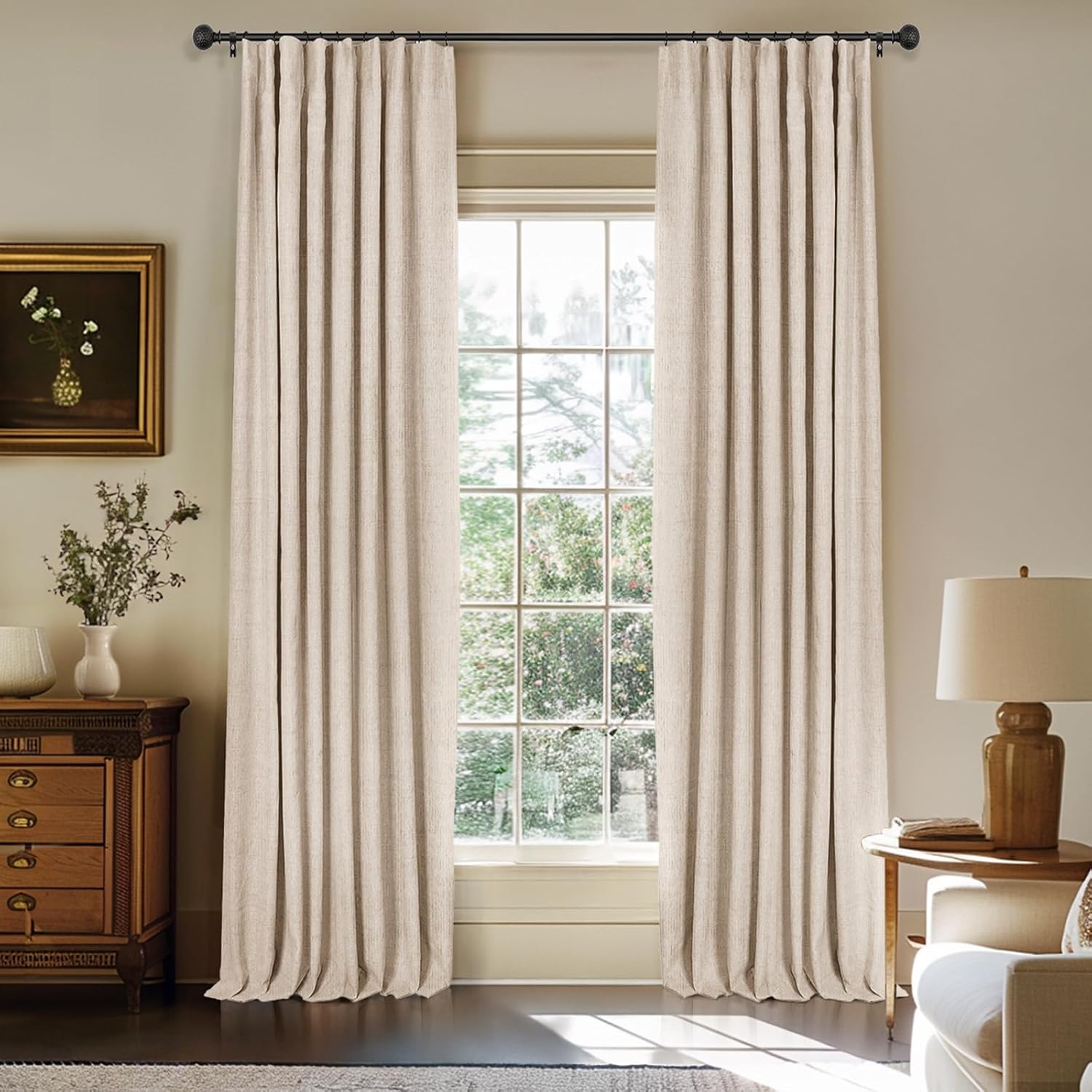 INOVADAY 100% Blackout Curtains for Bedroom, Black Out Curtains 84 Inch Long, Clip Rings Linen Blackout Drapes, Thermal Insulated Room Darkening for Living Room, 2 Panels - Beige,W50xL84