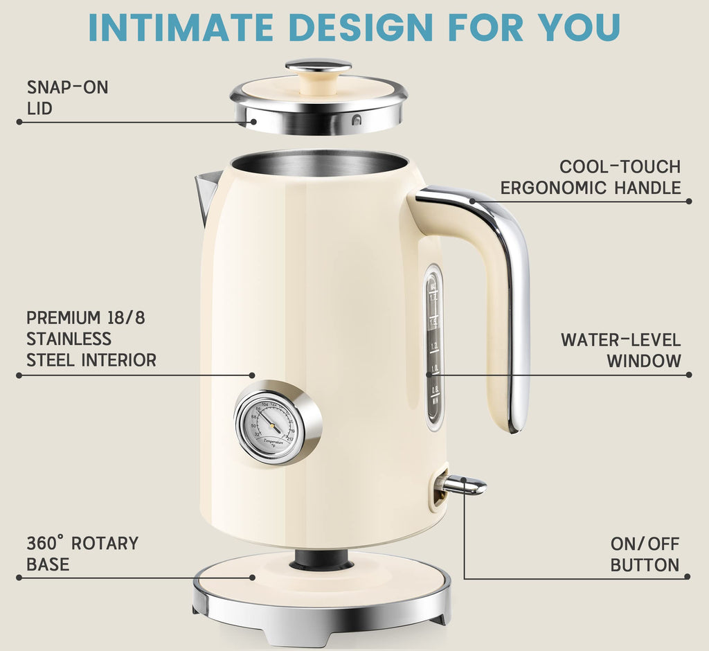 SUSTEAS Electric Kettle - 57oz Hot Tea Water Boiler with Thermometer, 1500W Fast Heating Stainless Steel Pot, Cordless LED Indicator, Auto Shut-Off & Boil Dry Protection, Retro Green