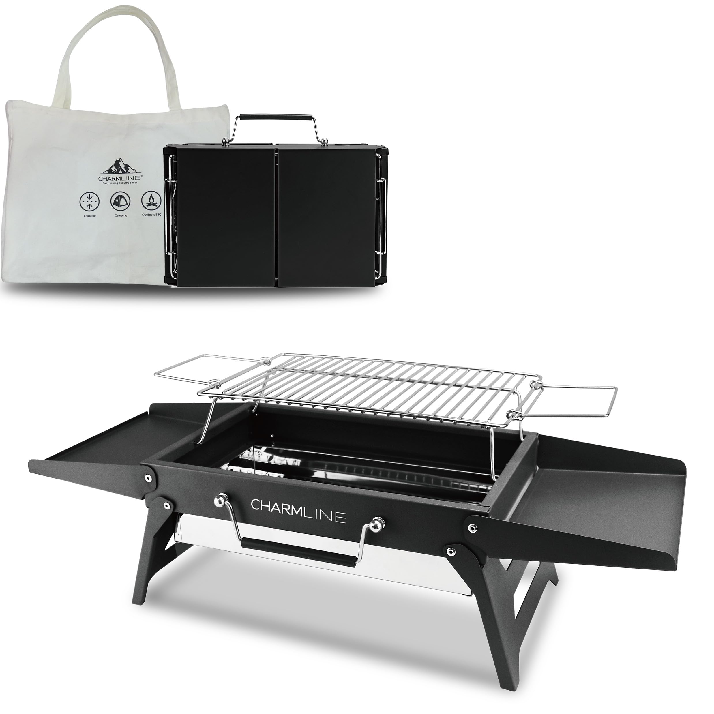Charmline 14 x 9 inches Portable Charcoal BBQ Grill, Foldable Compact Camping Barbecue for 1–3 People, Ideal for Garden, Beach, Picnic & Tabletop Use, Green