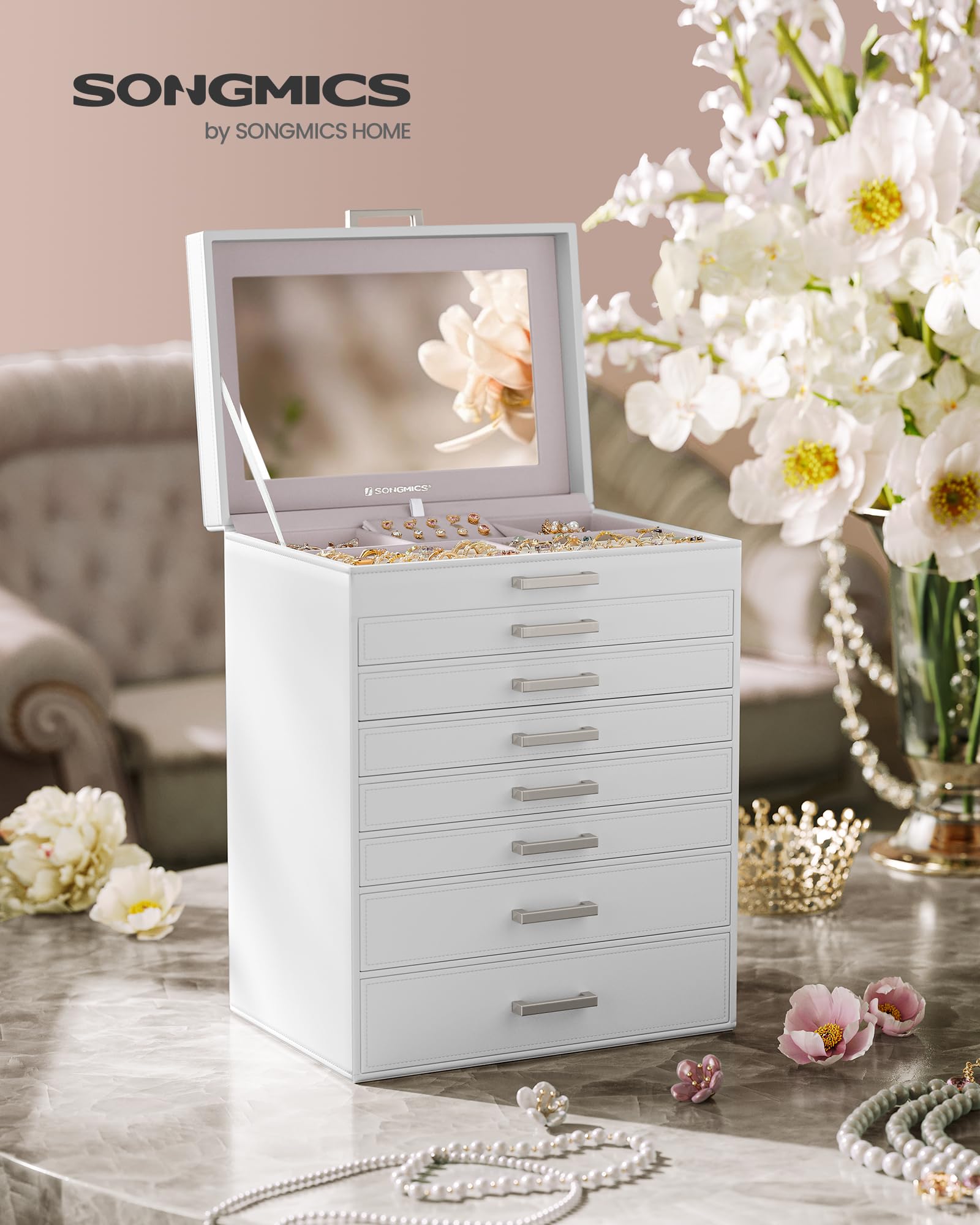 SONGMICS 3-Tier Jewelry Box, Travel Jewelry Case with Handle, 2 Drawers, Lockable Jewelry Organizer with Mirror, Jewelry Storage, Modern Style, Gift for Loved Ones, White UJBC154W01