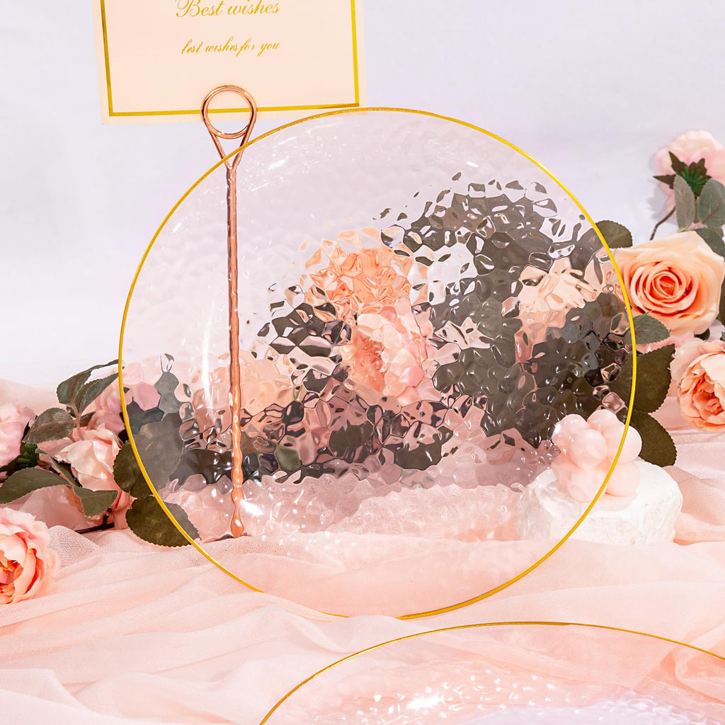 DaYammi 100 Pcs Clear Gold Plastic Plates, Hammered Party Plate, Fancy Plastic Plates Disposable Clear Disposable Dessert Platos, 7 Inch Heavy duty Plastic Dessert Platos for Party & Wedding