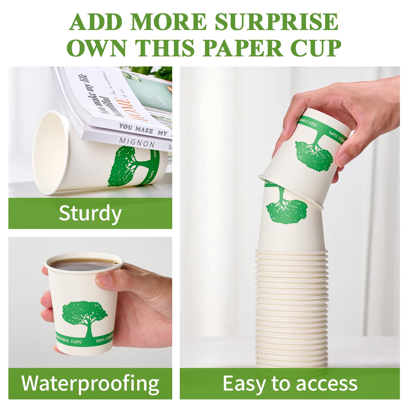 Vplus 400 Pack Compostable Paper Cups, 8 oz Paper Coffee Cups, Biodegradable Disposable Paper Cups, Eco-friendly Hot Drinking Cups for Party, Picnic,and Events