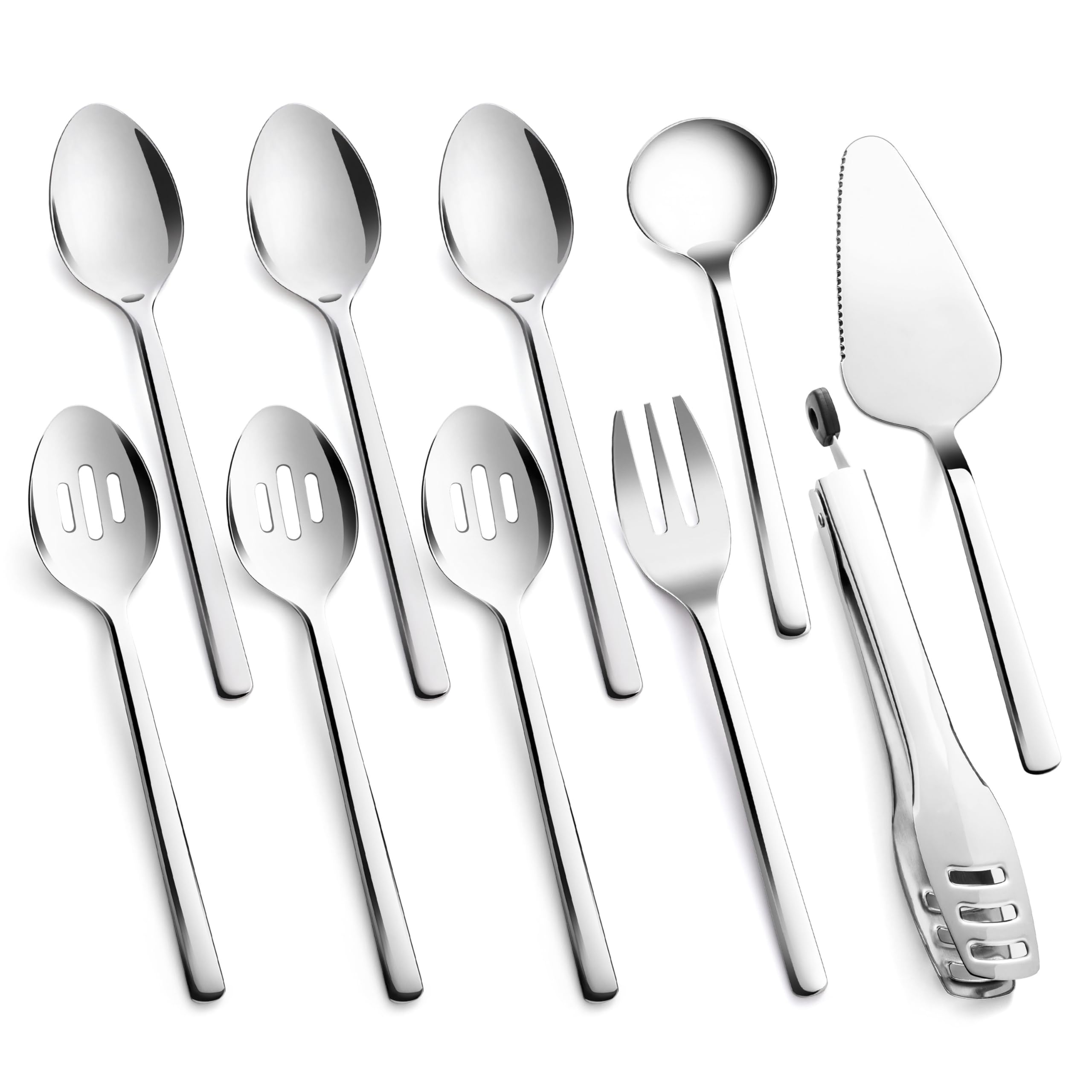KINGSTONE Large Hostess Serving Utensils Set, 18/10 Stainless Steel Heavy Duty 10-inch Serving Utensils, Slotted Spoons, Forks, Tongs, Cake Pie Server for Buffet, Wedding, Party