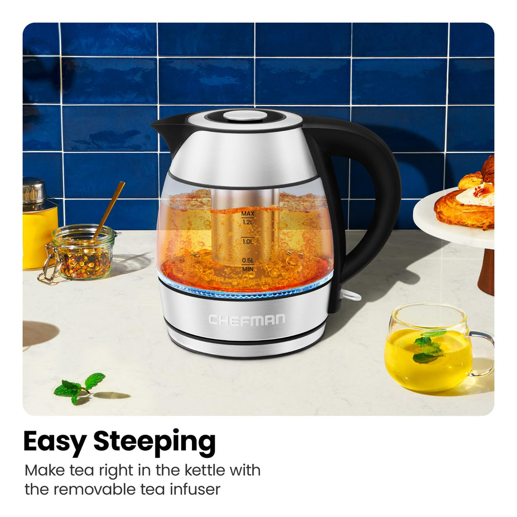 Chefman Electric Kettle with Temperature Control, 5 Presets LED Indicator Lights, Removable Tea Infuser, Glass Tea Kettle & Hot Water Boiler, 360° Swivel Base, BPA Free, Stainless Steel, 1.8 Liters