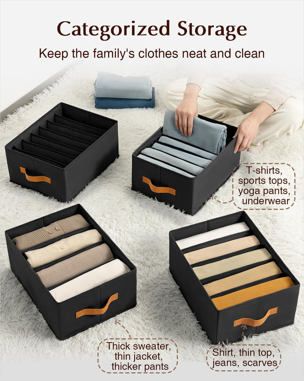 Homsorout Clothes Organizers and Storage - 4/5/7 Grids Fabric Jeans Organizer with Handles, Foldable Closet Organizers Dividers, Wardrobe organizer for Pant, Sweater, T-shirt, Scarf, 6 Pack, Beige