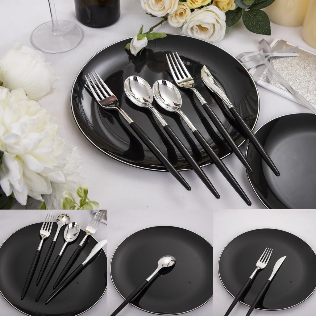 DaYammi 150Pcs Gold Plastic Plates with Disposable Silverware,White Gold Disposable Dinnerware Set - 30 Dinner Plate,30 Dessert Plate,90 Gold Cutlery with White Handles,Fancy Plates for Party Wedding