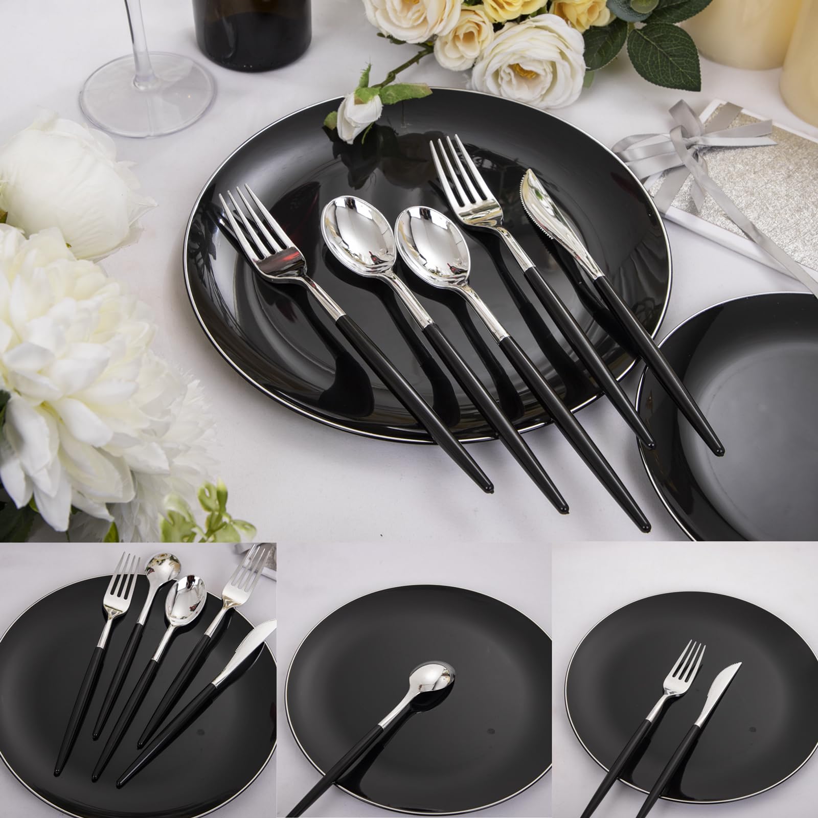 DaYammi 150Pcs Gold Plastic Plates with Disposable Silverware,White Gold Disposable Dinnerware Set - 30 Dinner Plate,30 Dessert Plate,90 Gold Cutlery with White Handles,Fancy Plates for Party Wedding