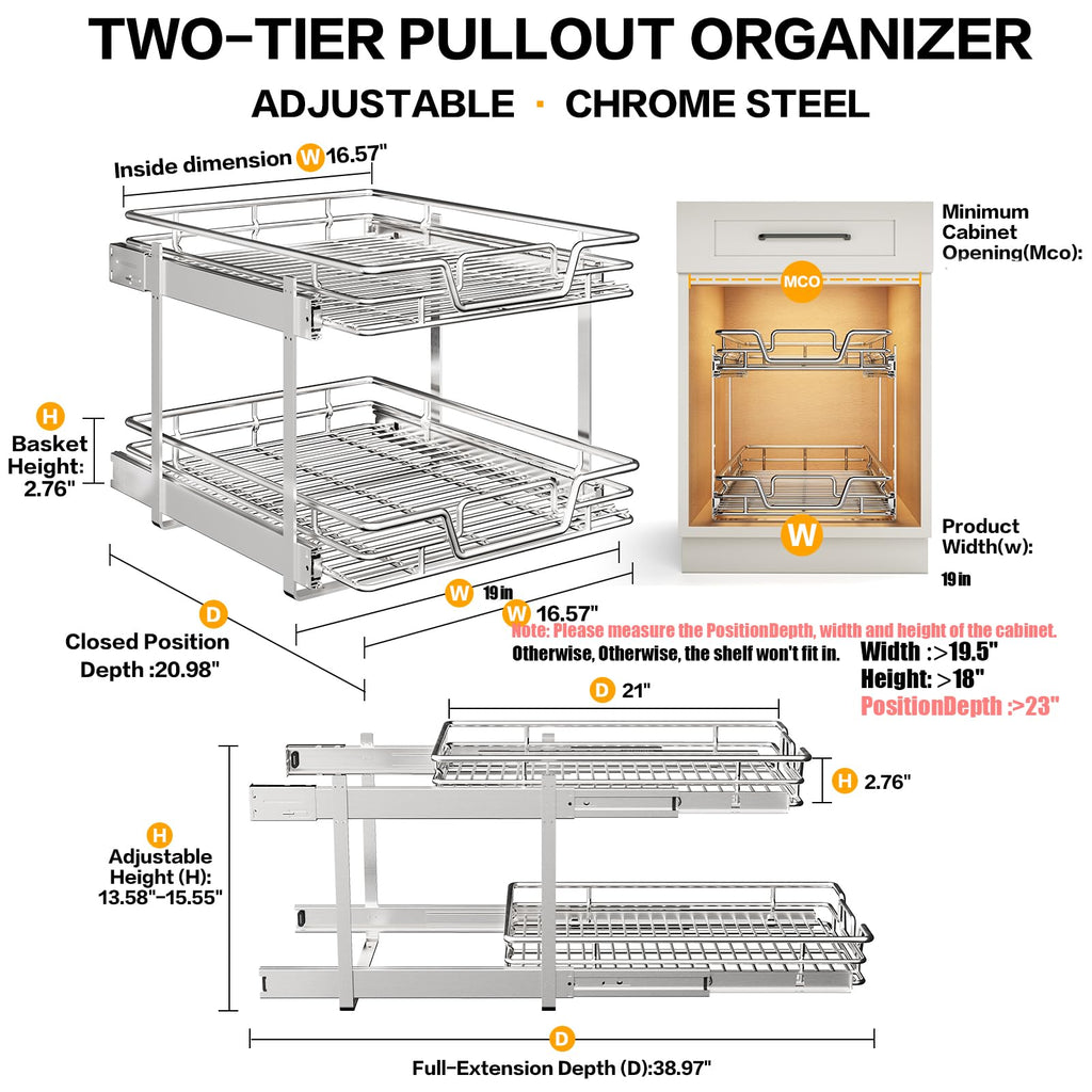 2-Tier Kitchen Cabinet,Pull Out Cabinet Organizer,Shelf and Drawer Organizer Slide Out Pantry Storaqe Basket in Multiple Sizes (12" W x21 D)