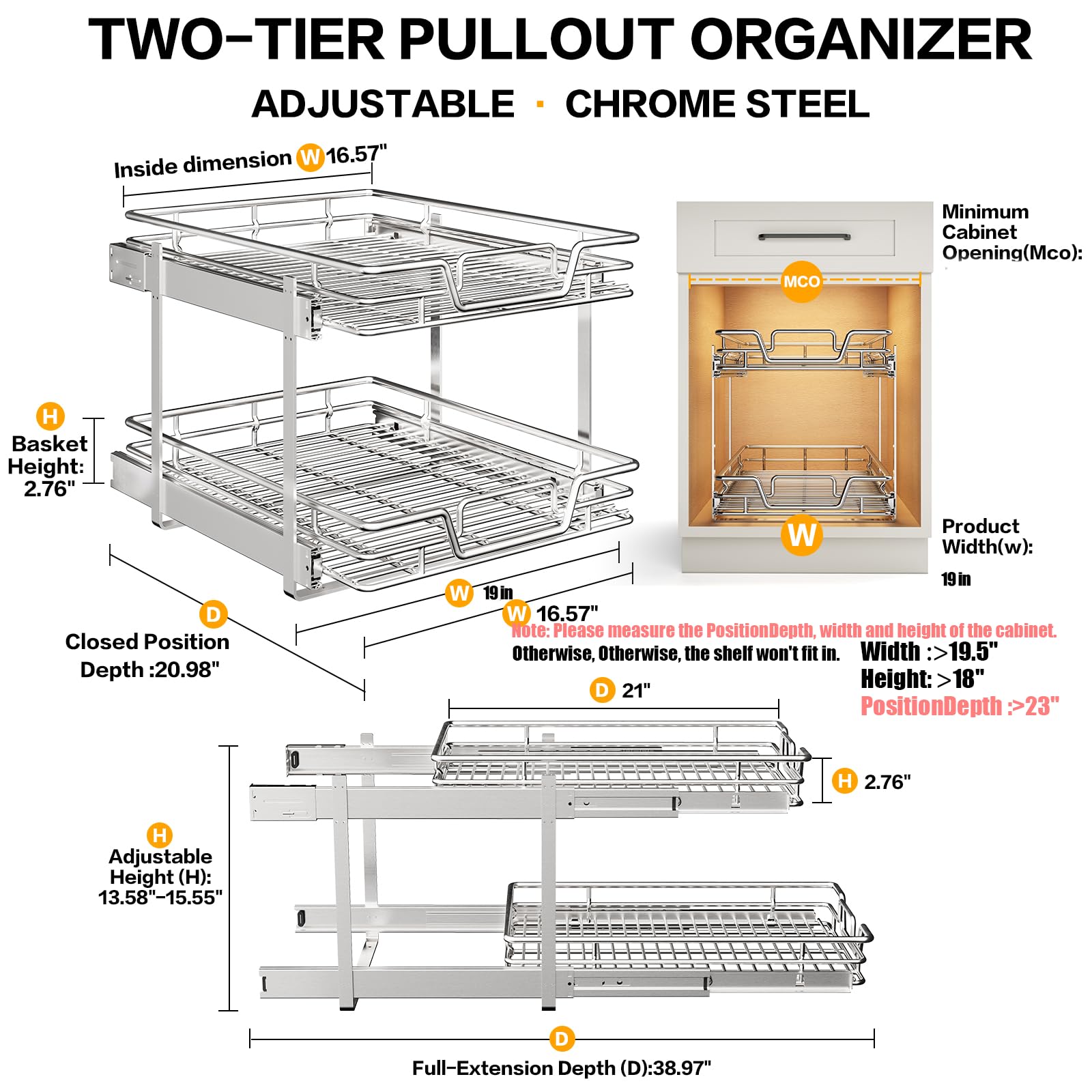 2-Tier Kitchen Cabinet,Pull Out Cabinet Organizer,Shelf and Drawer Organizer Slide Out Pantry Storaqe Basket in Multiple Sizes (12" W x21 D)