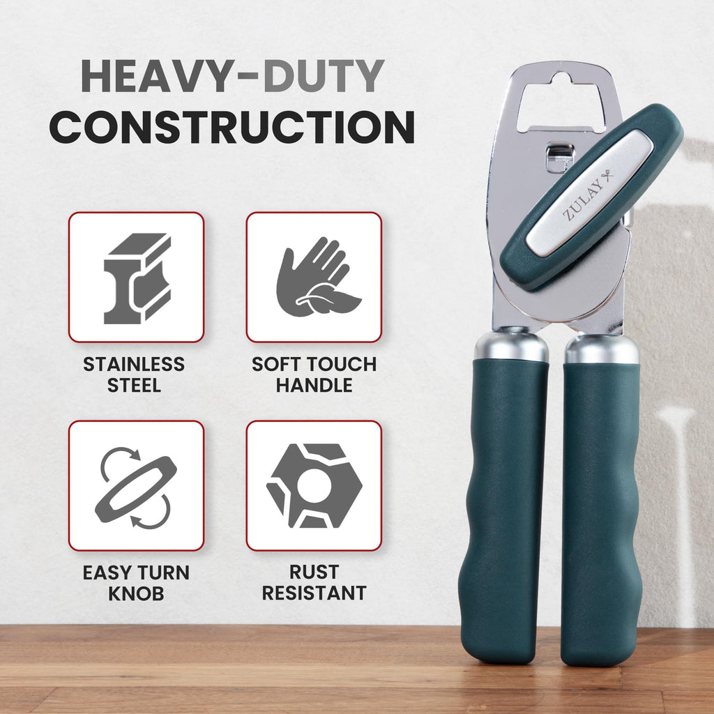 Zulay Kitchen COMFY™ Can Opener Manual with Bottle Opener - Rust Proof Stainless Steel Manual Can Opener With Turn Knob & Comfy Soft Grip Handles - Black