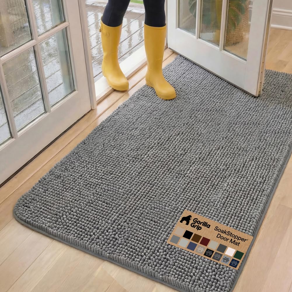 GORILLA GRIP SoakSTOPPER Dog Door Mat, Machine Washable Rug Absorbent Doormat Captures Moisture Mud Dirt, Quick Dry Soft Chenille Entryway Rugs Indoor Entrance Mats for Dog Paws, 24x17 Grey