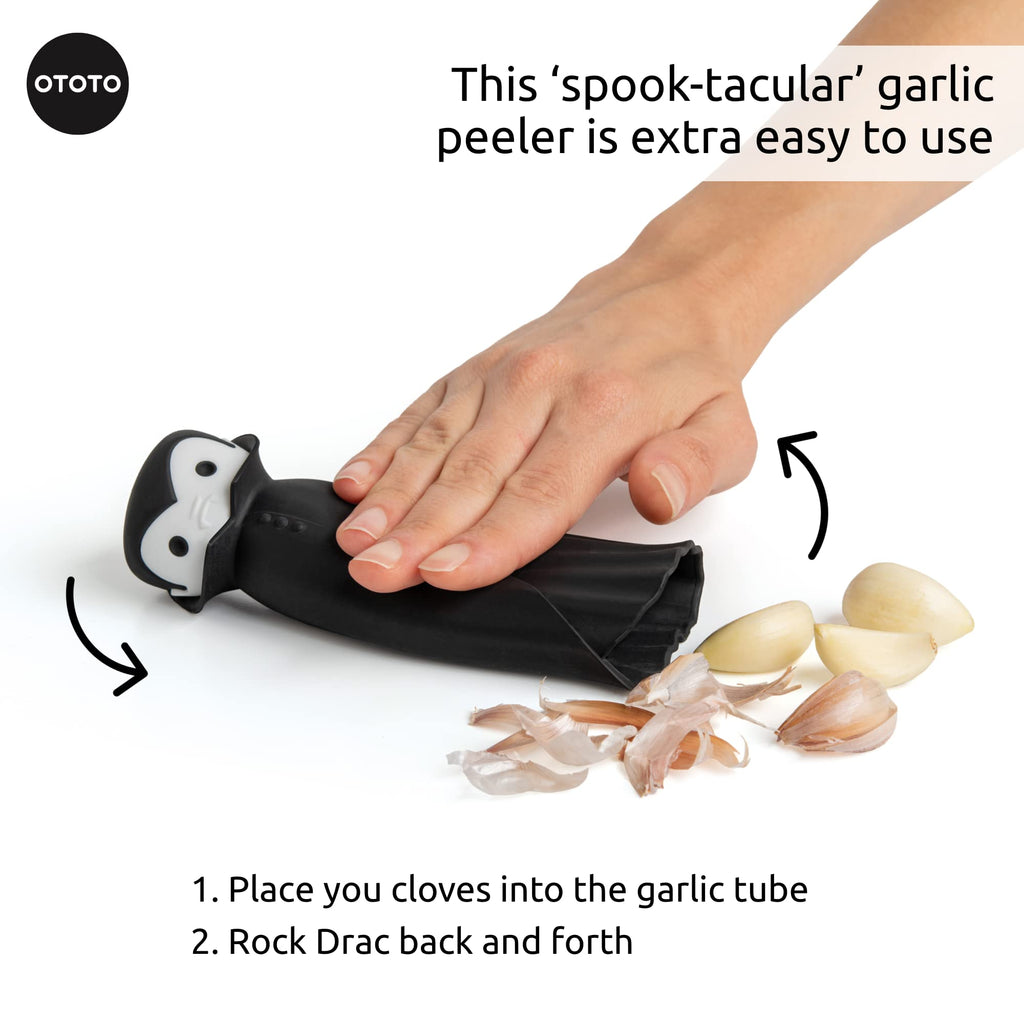 OTOTO Gracula Garlic Crusher, Garlic Mincer, Also for Ginger, Nuts, Chili, Herbs - Twist Top Mincer & Easy Squeeze Manual Press Peeler, Goth Gifts