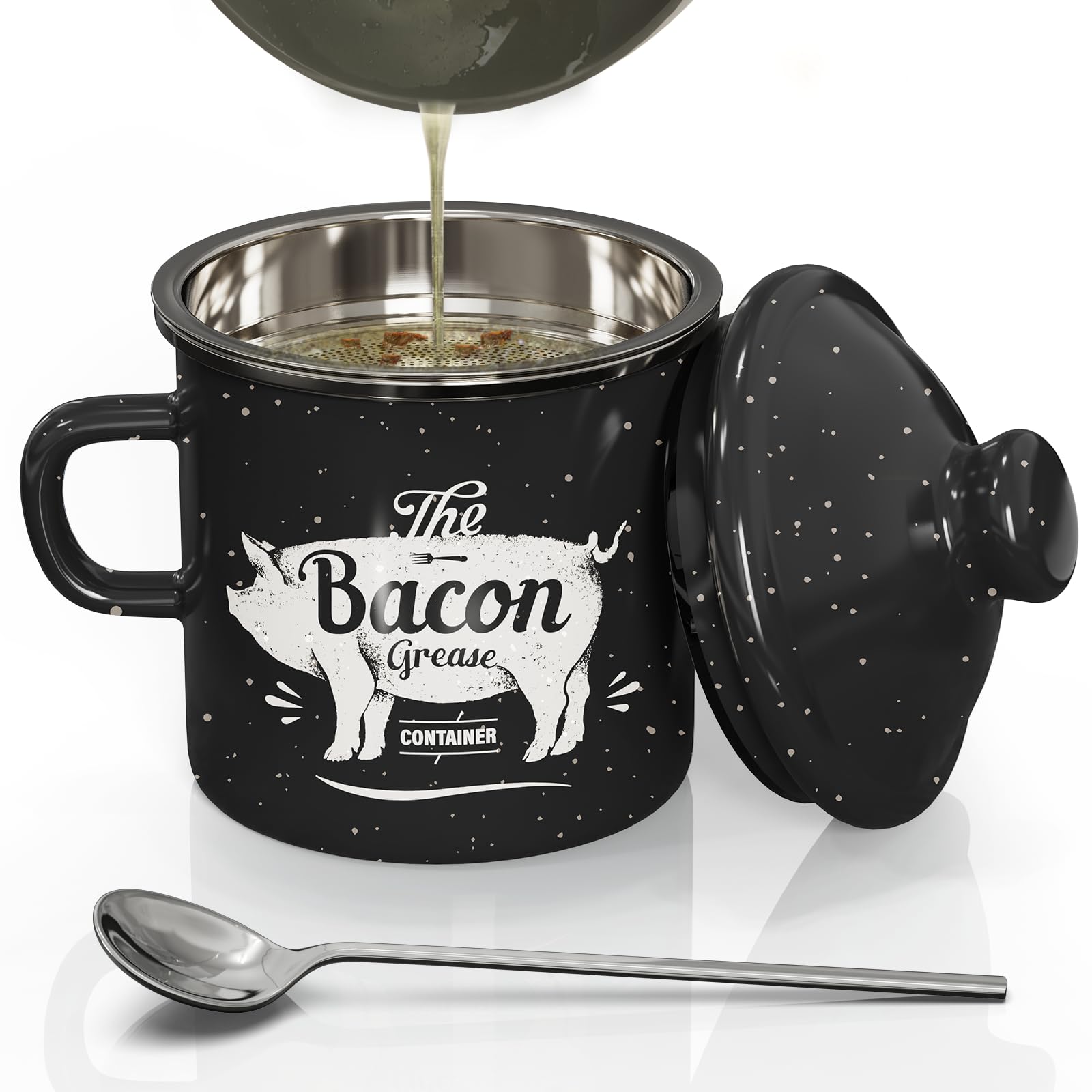 PGYARD Mini Bacon Grease Container With Strainer - 15OZ Enamel Grease Saver, Farmhouse Bacon Grease Keeper For Kitchen Fat Storage, Dishwasher Safe-Red