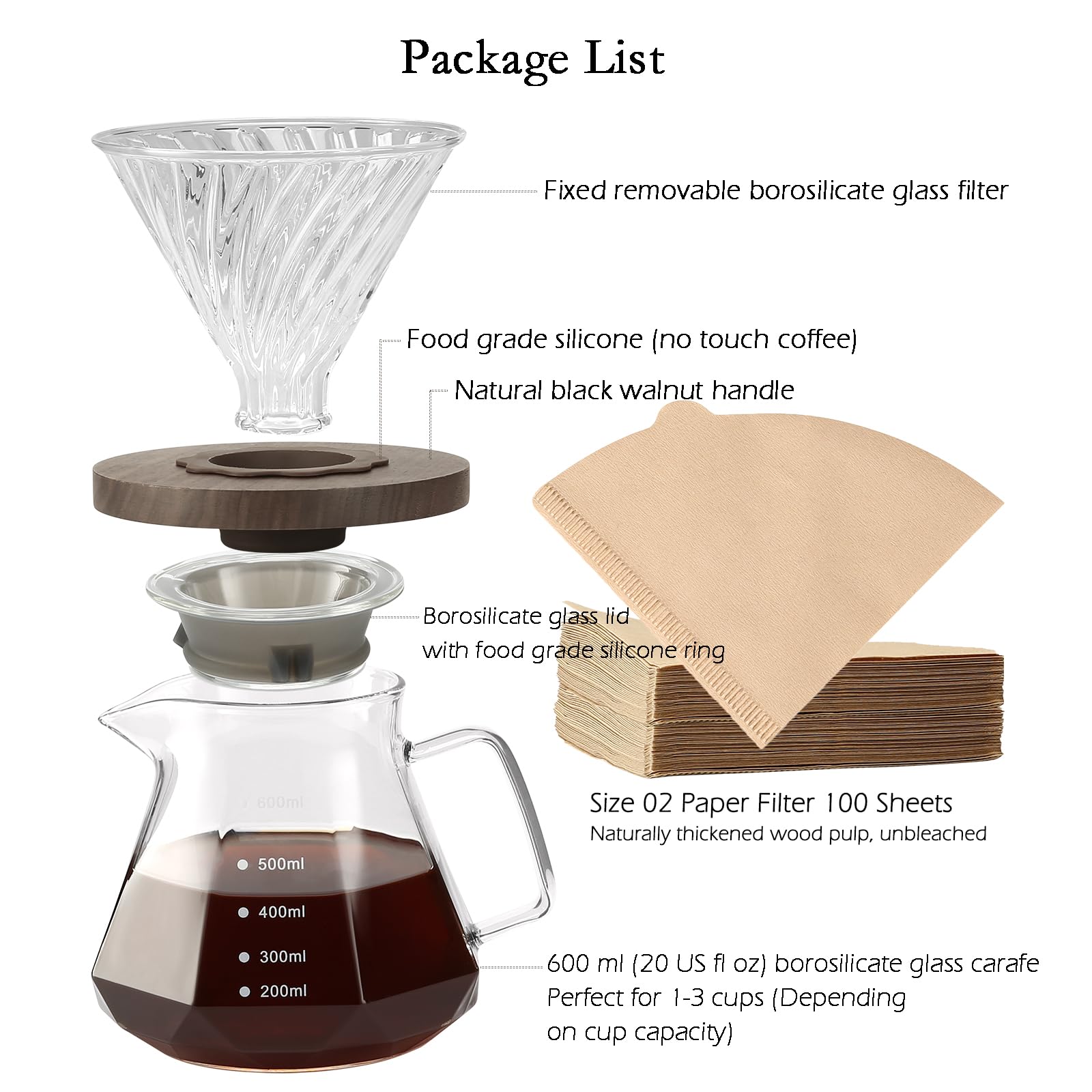 Lalord Pour Over Coffee Maker, 20 oz Borosilicate Glass Carafe with 100 pcs V60 Paper Filter by Gsform, Walnut Handle & Glass Lid, Drip Coffee Maker for Home Café Restaurant Camping, 600 ml, Clear