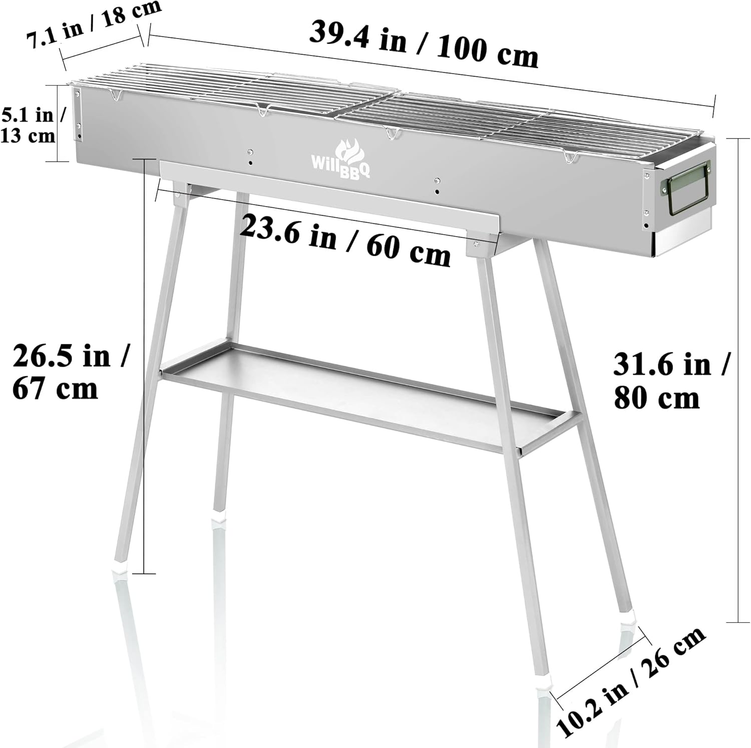 WILLBBQ Charcoal Grills Commercial Quality Portable Multiple Size Hibachi BBQ Lamb Skewer Folded Camping Barbecue Grill(39.4x7.1x5.1 inch With Accessories) and BBQ Bag