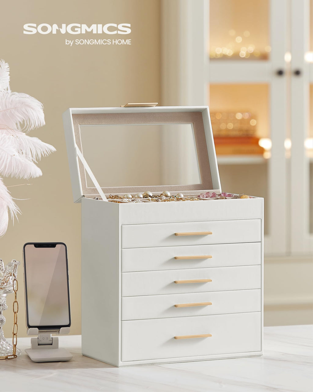 SONGMICS GISELLA Collection - Jewelry Box Organizer, 3-Layer Jewelry Storage with 2 Drawers, Shiny Metal Hardware, Glass Lid, Modern, 8 x 9.1 x 5.3 Inches, Cloud White and Gold Color UJBC239WT