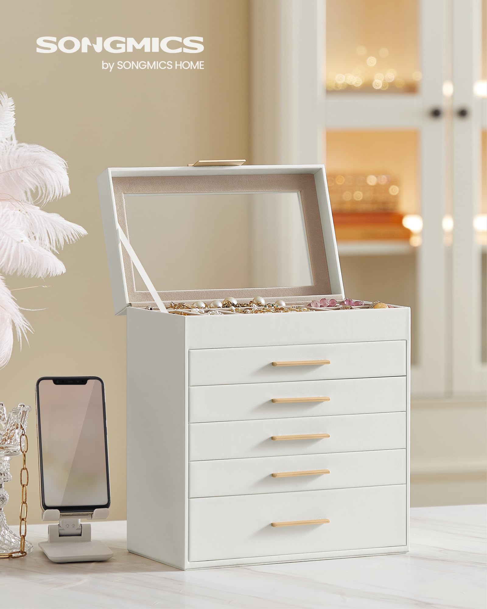 SONGMICS GISELLA Collection - Jewelry Box Organizer, 3-Layer Jewelry Storage with 2 Drawers, Shiny Metal Hardware, Glass Lid, Modern, 8 x 9.1 x 5.3 Inches, Cloud White and Gold Color UJBC239WT