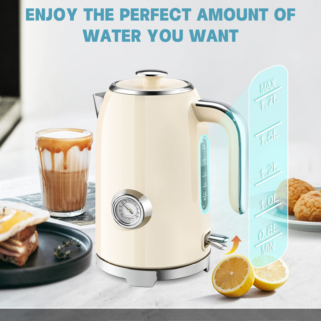 SUSTEAS Electric Kettle - 57oz Hot Tea Water Boiler with Thermometer, 1500W Fast Heating Stainless Steel Pot, Cordless LED Indicator, Auto Shut-Off & Boil Dry Protection, Retro Green
