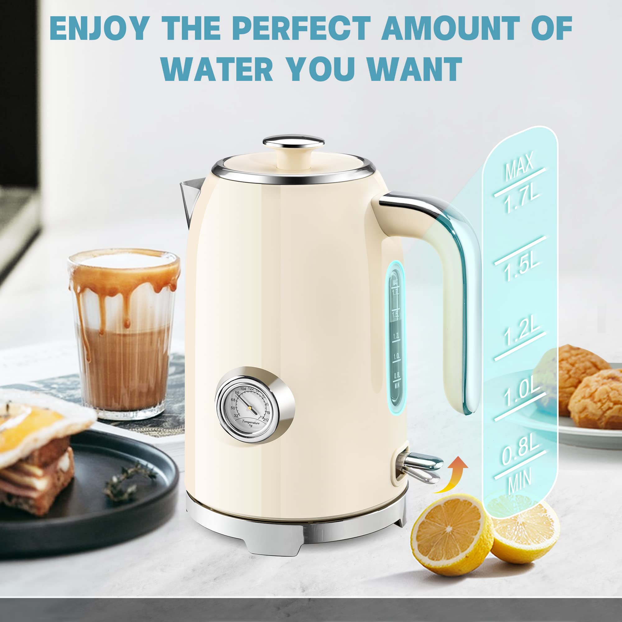 SUSTEAS Electric Kettle - 57oz Hot Tea Water Boiler with Thermometer, 1500W Fast Heating Stainless Steel Pot, Cordless LED Indicator, Auto Shut-Off & Boil Dry Protection, Retro Green