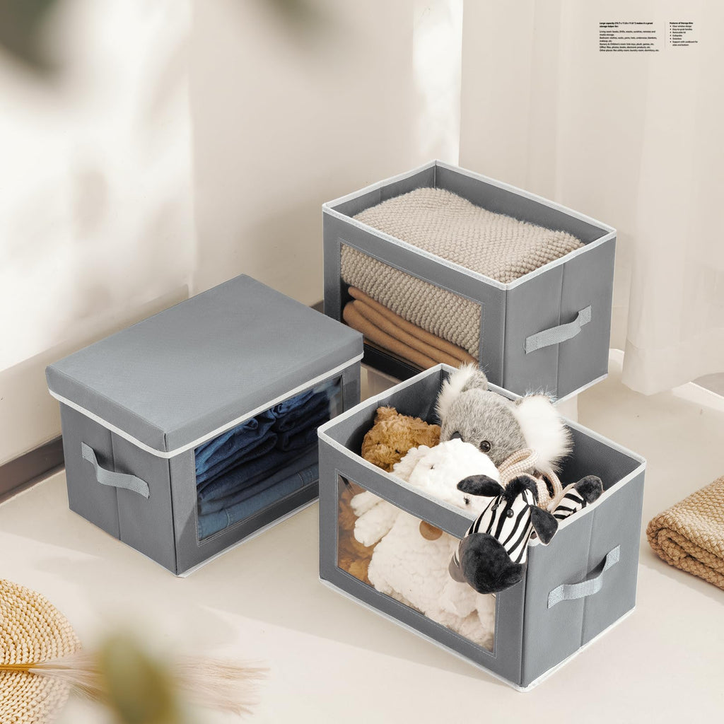Homsorout Storage Bins with Lids - Fabric Storage Boxe with Window, Collapsible Closet Organizers with Handles, 3 Pack Decorative Bin, Home Cubes Baskets for Clothes, Hat, Books, Dark Grey