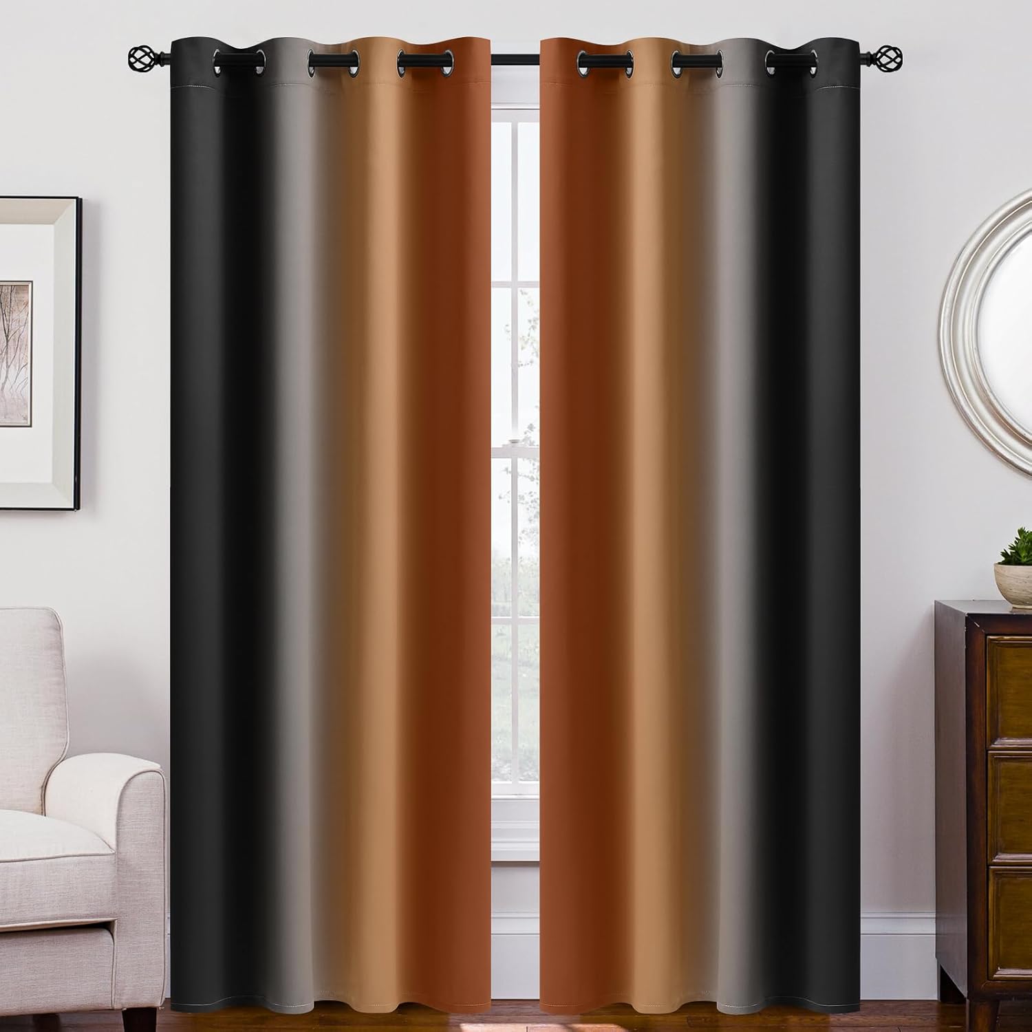 SimpleHome Ombre Room Darkening Curtains for Bedroom, Gradient Black to Grey White Light Blocking Thermal Insulated Grommet Window Curtain/Drapes for Living Room,2 Panels, 52x84 inches Length