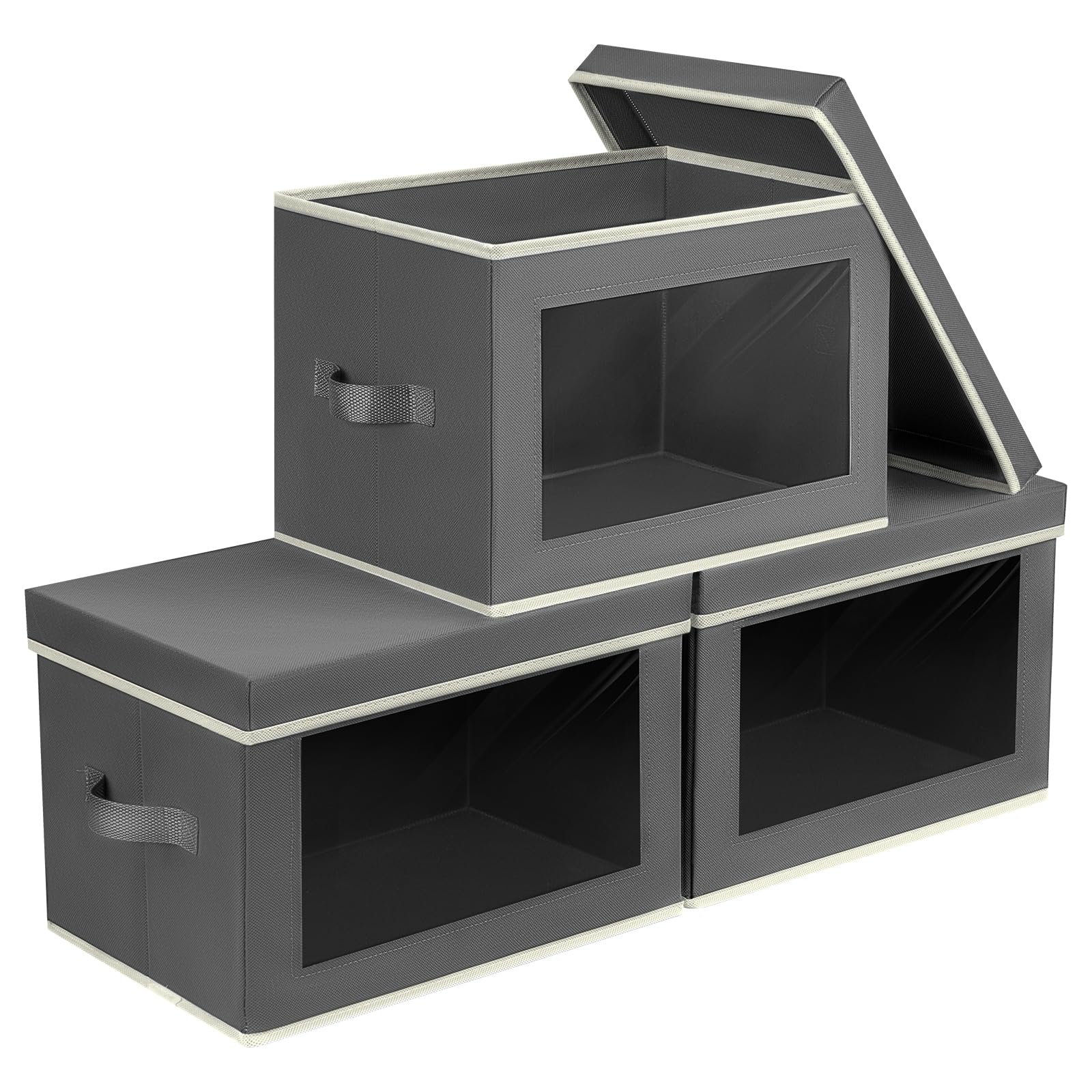 Homsorout Storage Bins with Lids - Fabric Closet Storage Bins with Window, Collapsible Baskets for Shelves 4 Pack, Home Decorative Boxes for Clothes, Closet, Office, Grey