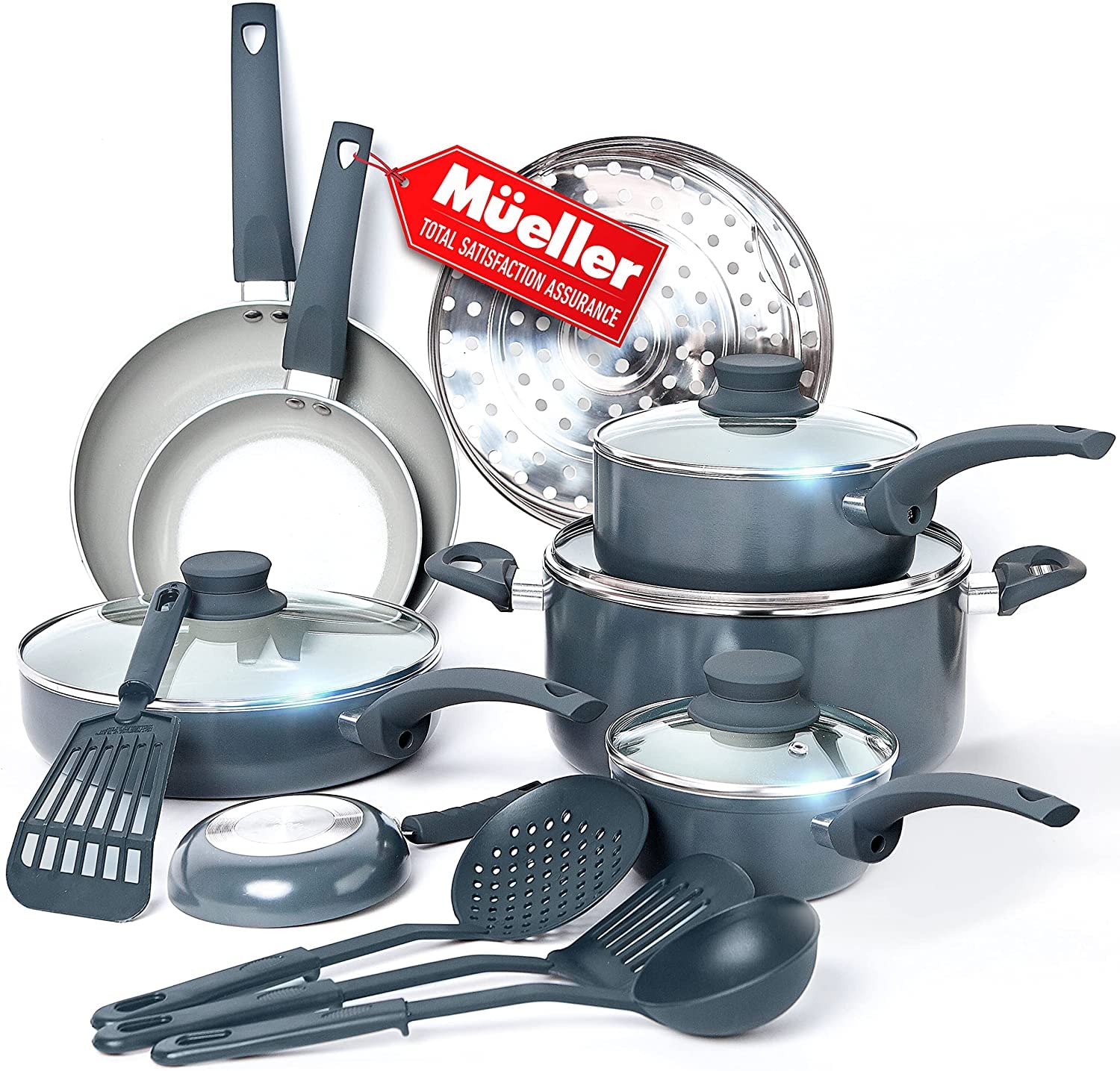 Mueller Pots and Pans Set 17-Piece, Ultra-Clad Pro Stainless Steel Cookware Set, Ergonomic EverCool Handle, Induction Cookware, Includes Saucepans, Skillets, Dutch Oven, Stockpot, Steamer For Cooking