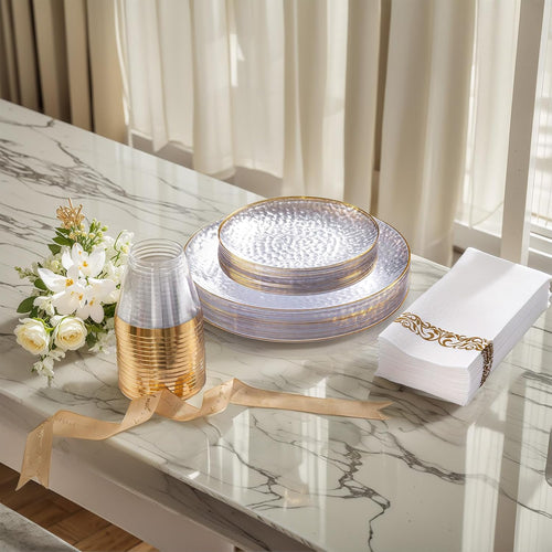 DaYammi 200Pcs Clear Plastic Plates,Clear Disposable Plates With Gold Rim,Heavy-duty Gold Plate,Hammered Party Plate Include 100 Dessert-Platos, 100 Dinner-Platos for Wedding, Party