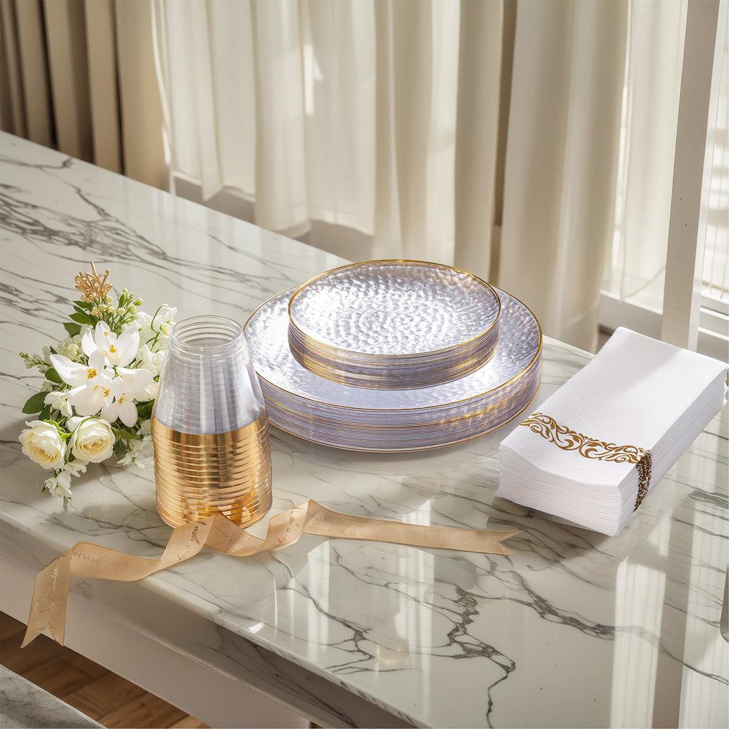 DaYammi 350PCS Clear Gold Plastic Dinnerware Set for 50 Guests, Hammered Disposable Plates for Party, Include: 50 Dinner Plates, 50 Dessert Plates, 150 Gold Silverware, 50 Napkins, 50 Cups
