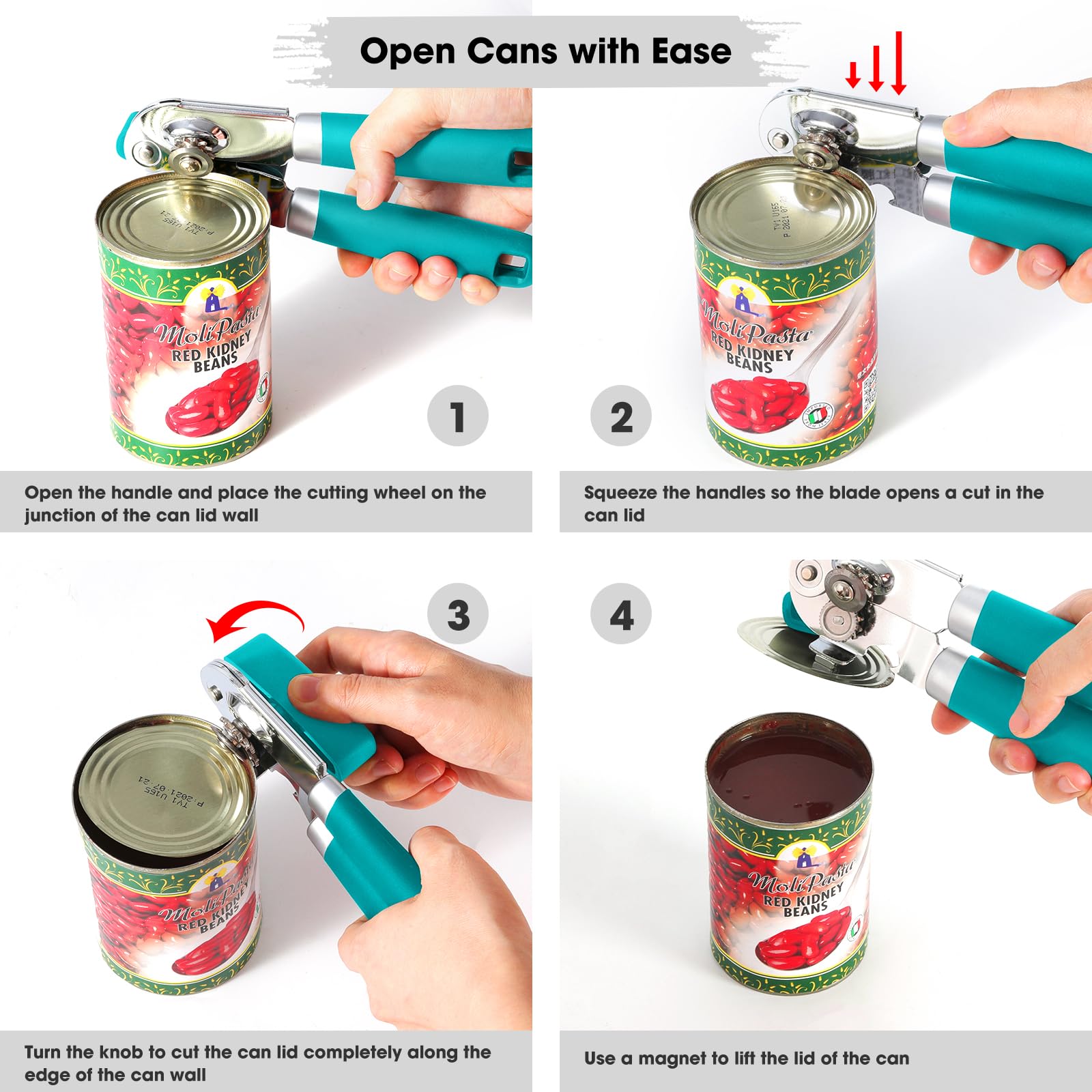 Beneno Heavy Duty Hand Can Opener Manual with Magnet, Durable Sharp Carbon Steel Blade Smooth Cutting, Big Effort-Saving Knob & Soft Grip Handle, Multifunctional Kitchen Tool with Bottle Opener, Green