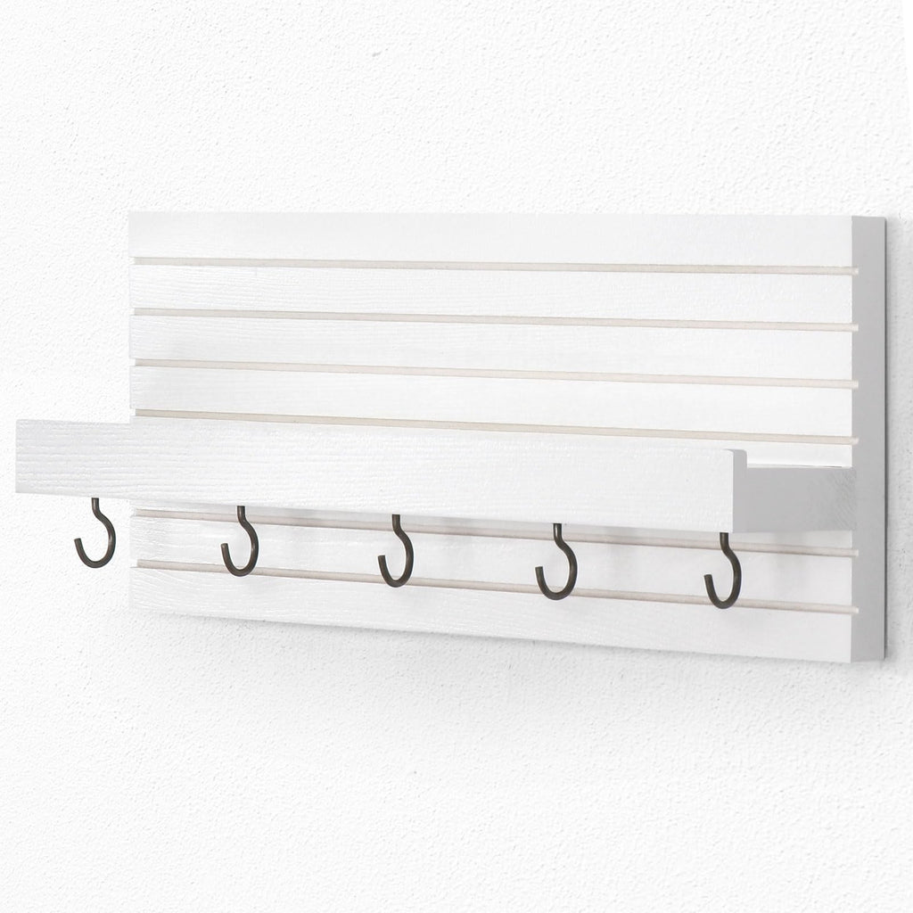 Decorative Key Holder for Wall with Shelf, Entryway Shelf with Hooks Holds Leashes, Jackets and Glasses – Sturdy Wood Keyholder Entrance Hanger with Mounting Hardware (Black, Medium)