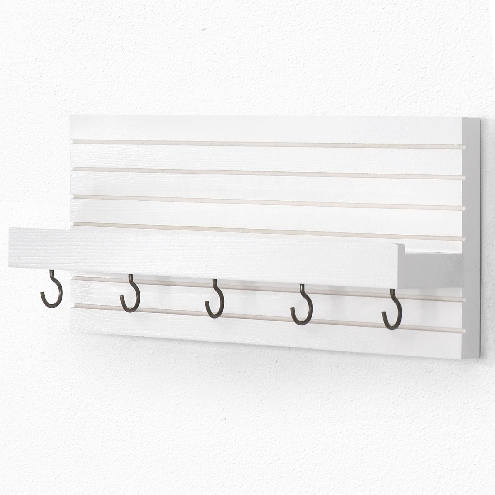 Decorative Key Holder for Wall with Shelf, Entryway Shelf with Hooks Holds Leashes, Jackets and Glasses – Sturdy Wood Keyholder Entrance Hanger with Mounting Hardware (Black, Medium)
