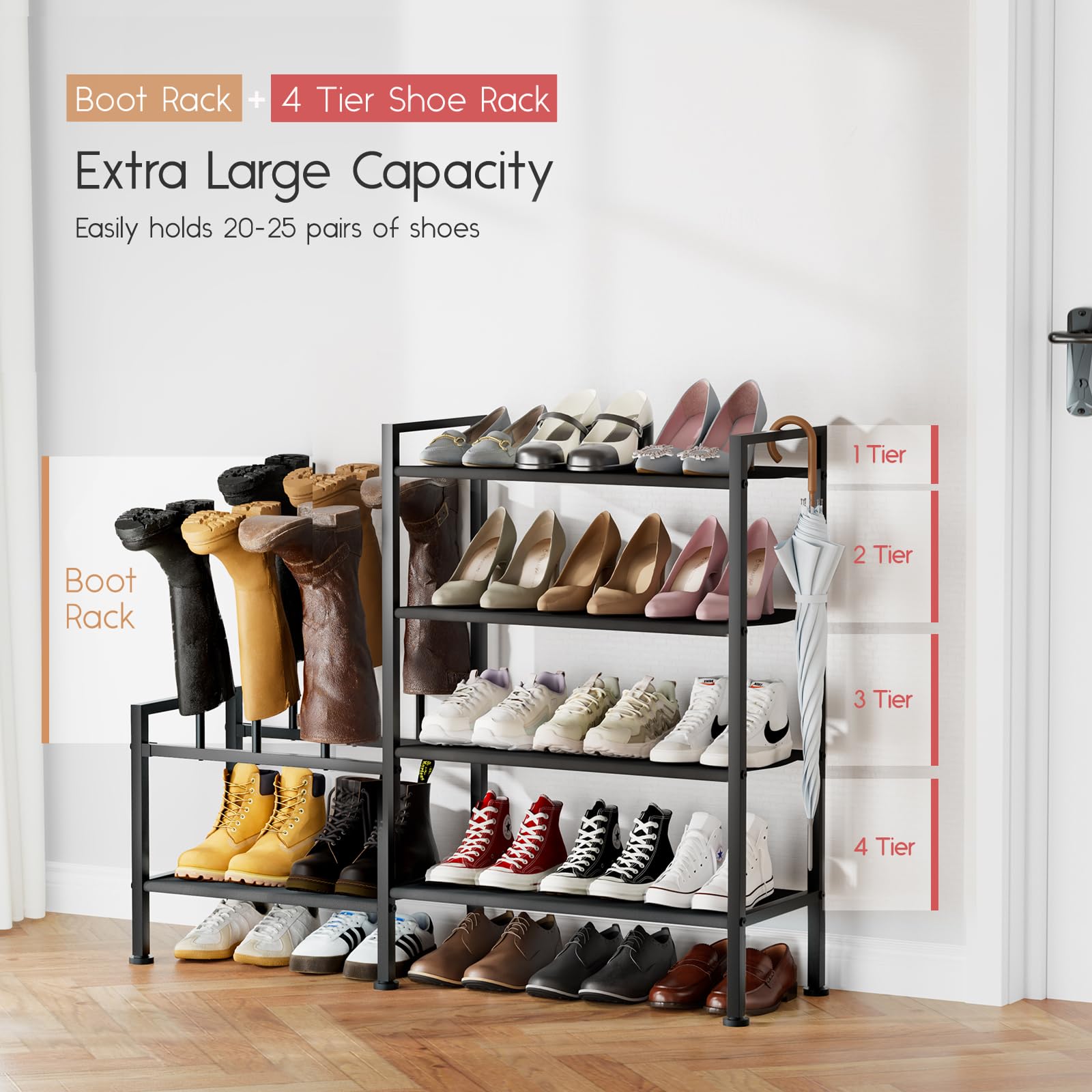 Homsorout Shoe Rack Organizer and Storage - 5 Tier Metal+Non-Woven Fabric Shoe Rack with Boot Storage & Side Any Combination - Space Saving Shoe Shelf for Entryway, Bedroom, Garage, Small Spaces