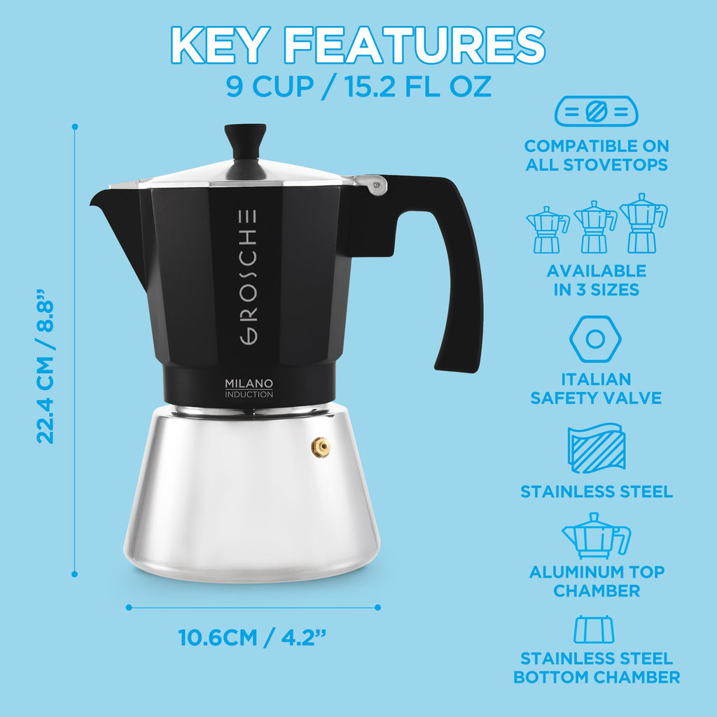 GROSCHE Milano Moka pot, Stovetop Espresso maker, Greca Coffee Maker, Stovetop coffee maker and espresso maker percolator (Grey, 6 cup)