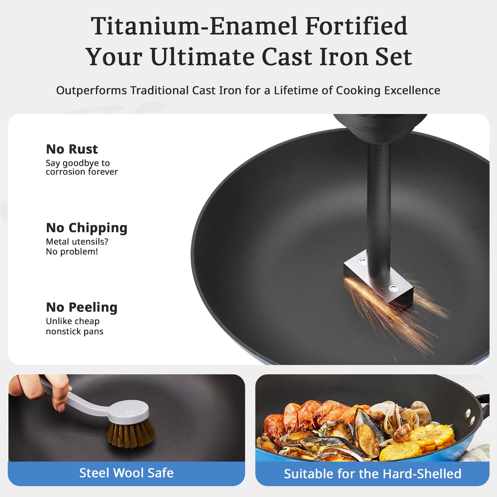 KITESSENSU Enameled Cast Iron Skillets - Non Stick Frying Pans Set with Durable Wooden Handle - 10&12 Inch Titanium Cast Iron Pans for Multi-Cooking - Pre Seasoned Cookware Set - Gradual Cobalt Blue