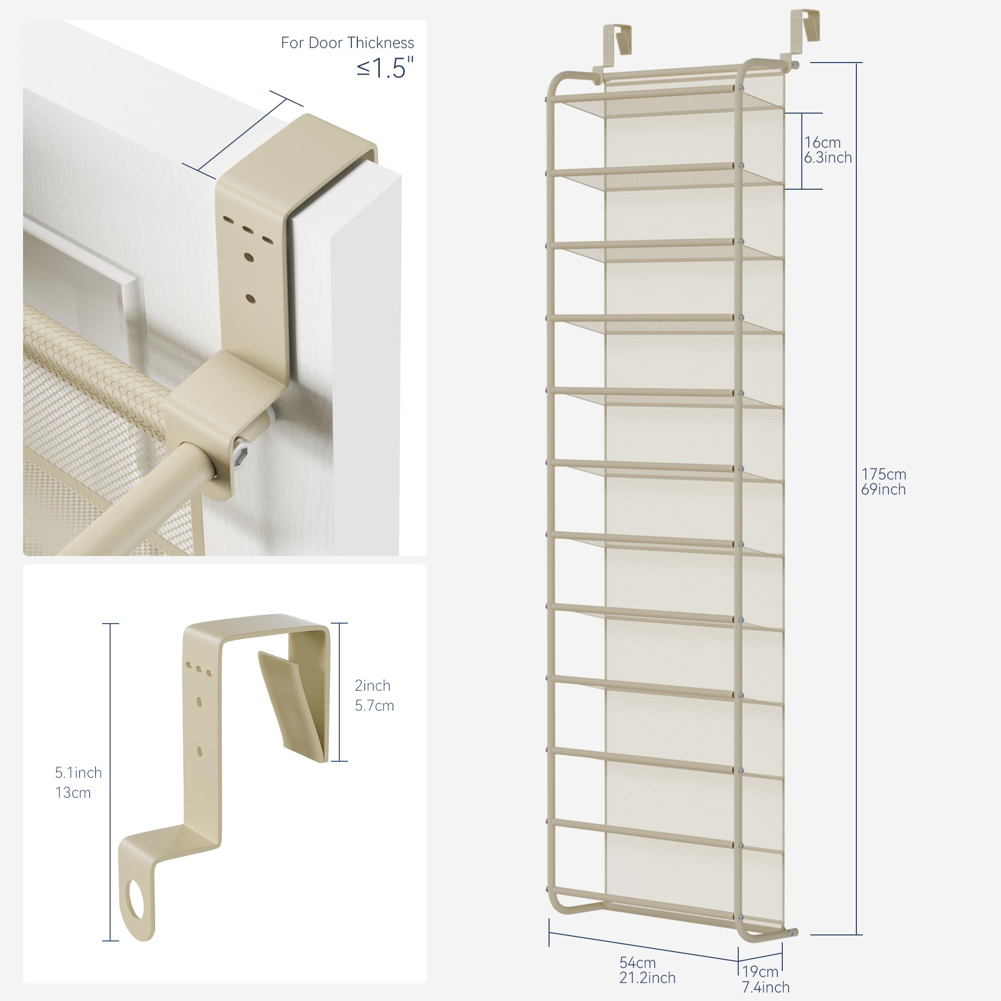 Whitmor 36 Pair Over the Door Shoe Organizer, 12 Tier Hanging Shoe Organizer, Heavy Duty Metal & Mesh Shoe Holder, Hanging Shoe Rack for Closet Organizer & Storage, 74"L x 21.7"W x 7.5"H, White