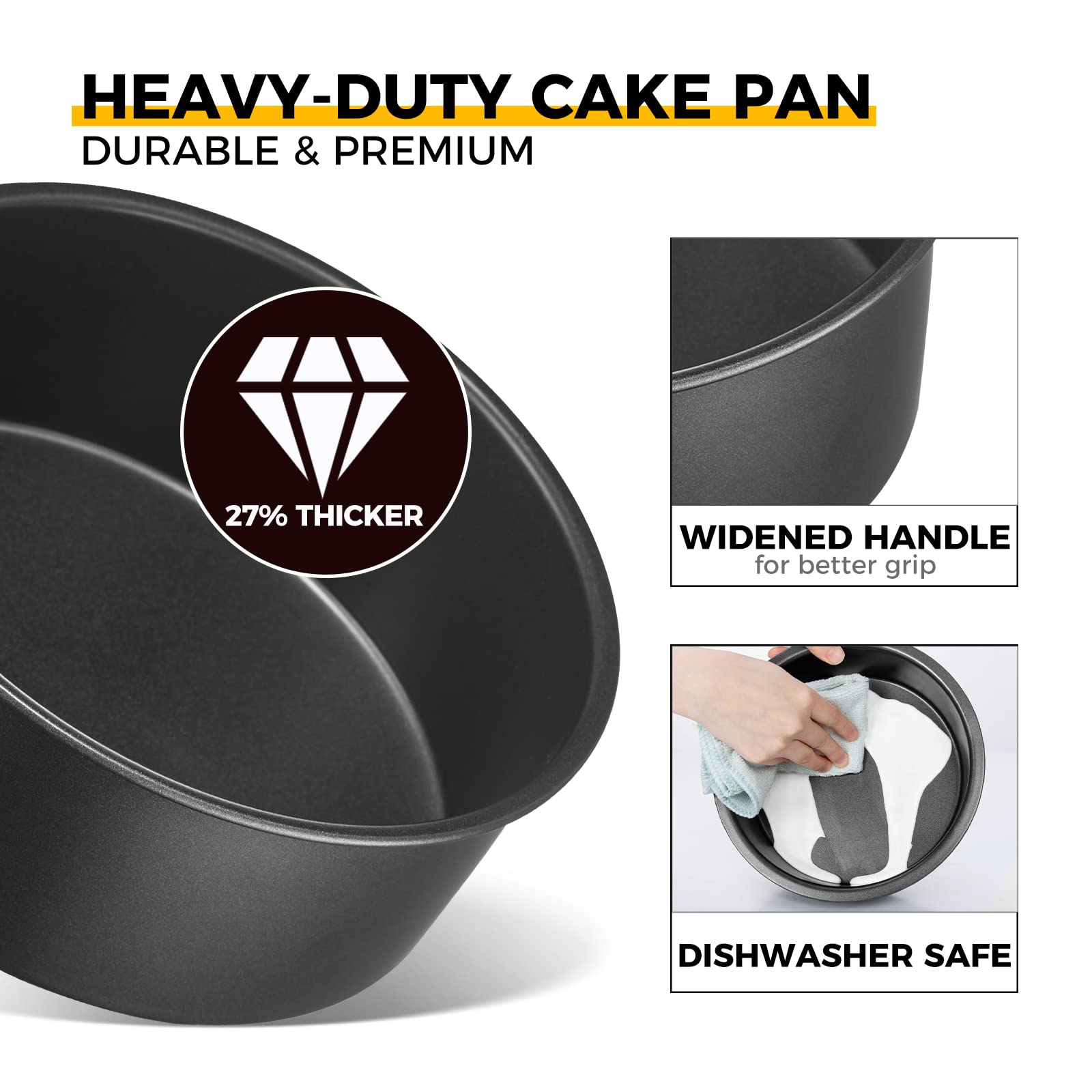 HONGBAKE 8x8 Cake Baking Pan Set, Nonstick Square Brownie Pans with Wider Grips, 2 Pieces, Heavy Duty, Grey