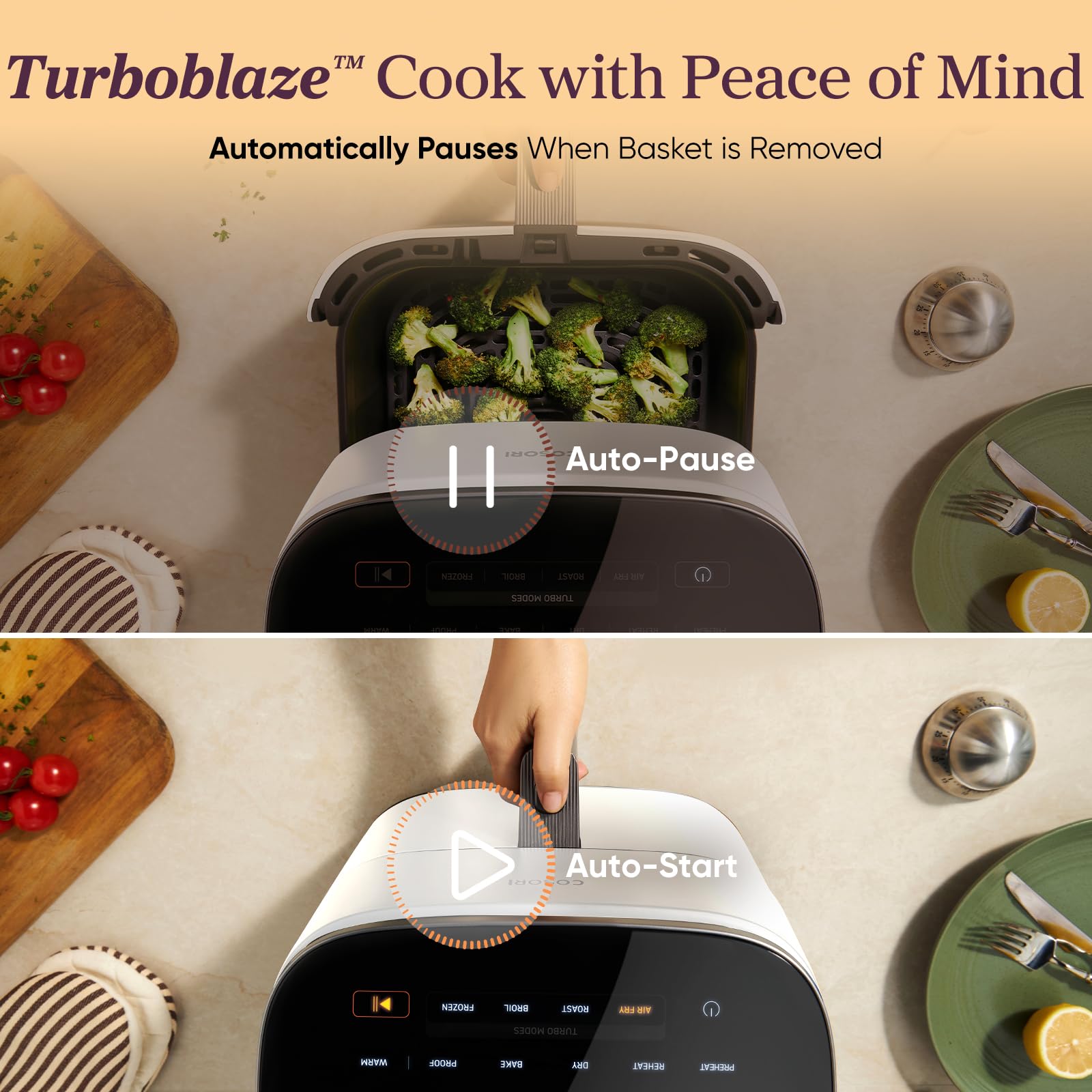 Cosori 9-in-1 TurboBlaze Air Fryer 6 Qt, PFAS-Free Ceramic Coating, 90°–450°F, Precise Heating for Even Results, Air Fry, Roast, Bake, Broil, Dry, Frozen, Proof, Reheat, Keep Warm, 120V, Dark Gray