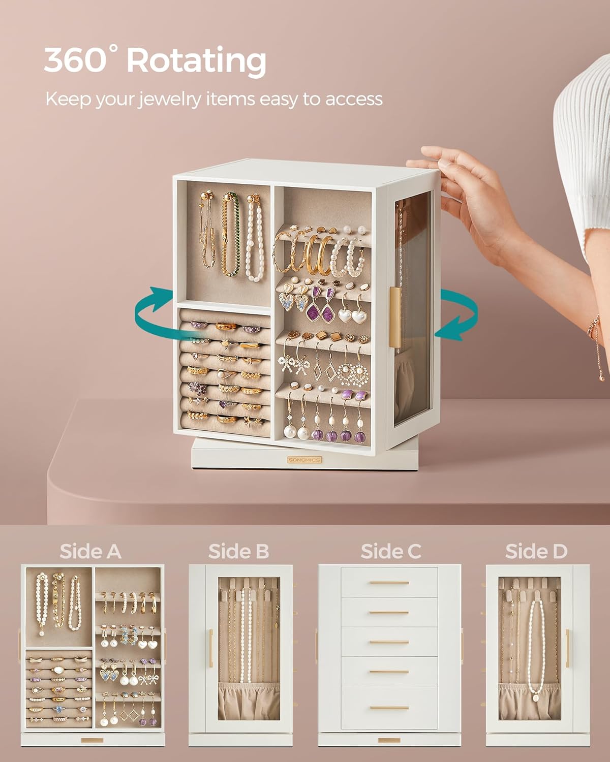 SONGMICS Jewelry Box 360° Rotating, Jewelry Storage Case with 5 Drawers, Jewelry Organizer, Glass Window, Spacious, Vertical Jewelry Storage, Open Design, Great Gift, Cloud White UJBC170W01