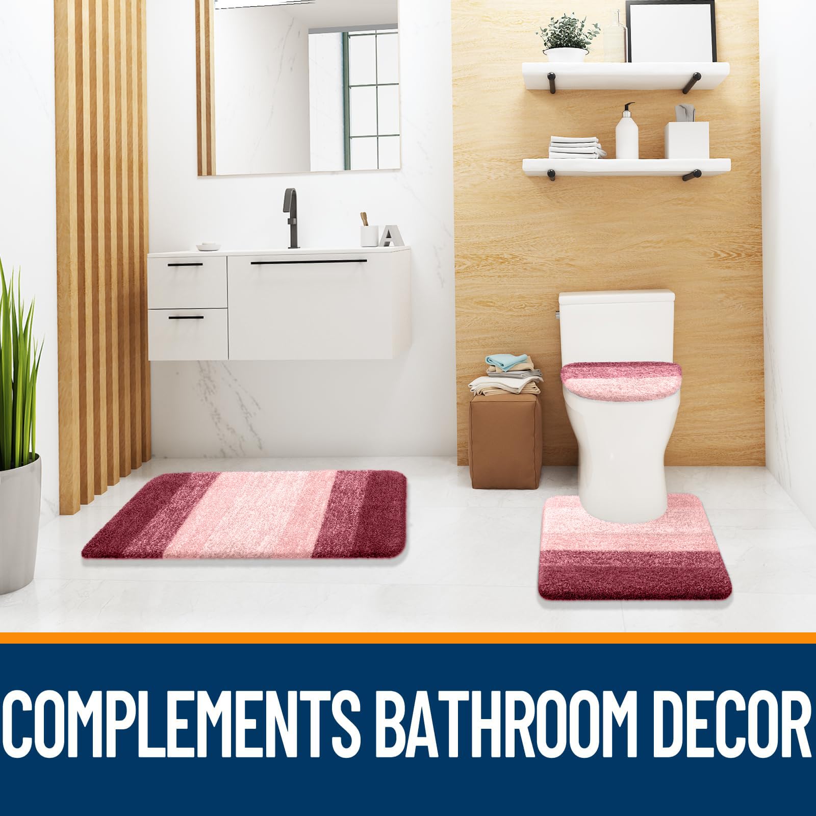 OLANLY Bathroom Rugs Sets 3 piece, Soft Microfiber Absorbent Bath Mat, U-Shaped Contour Toilet Mat and Toilet Lid Cover, Quick Dry, Machine Washable, Toilet Cover and Rug Set for Bathroom, Grey