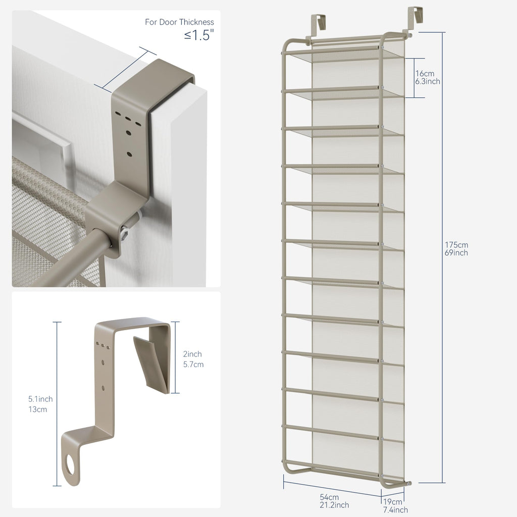 Whitmor 36 Pair Over the Door Shoe Organizer, 12 Tier Hanging Shoe Organizer, Heavy Duty Metal & Mesh Shoe Holder, Hanging Shoe Rack for Closet Organizer & Storage, 74"L x 21.7"W x 7.5"H, White