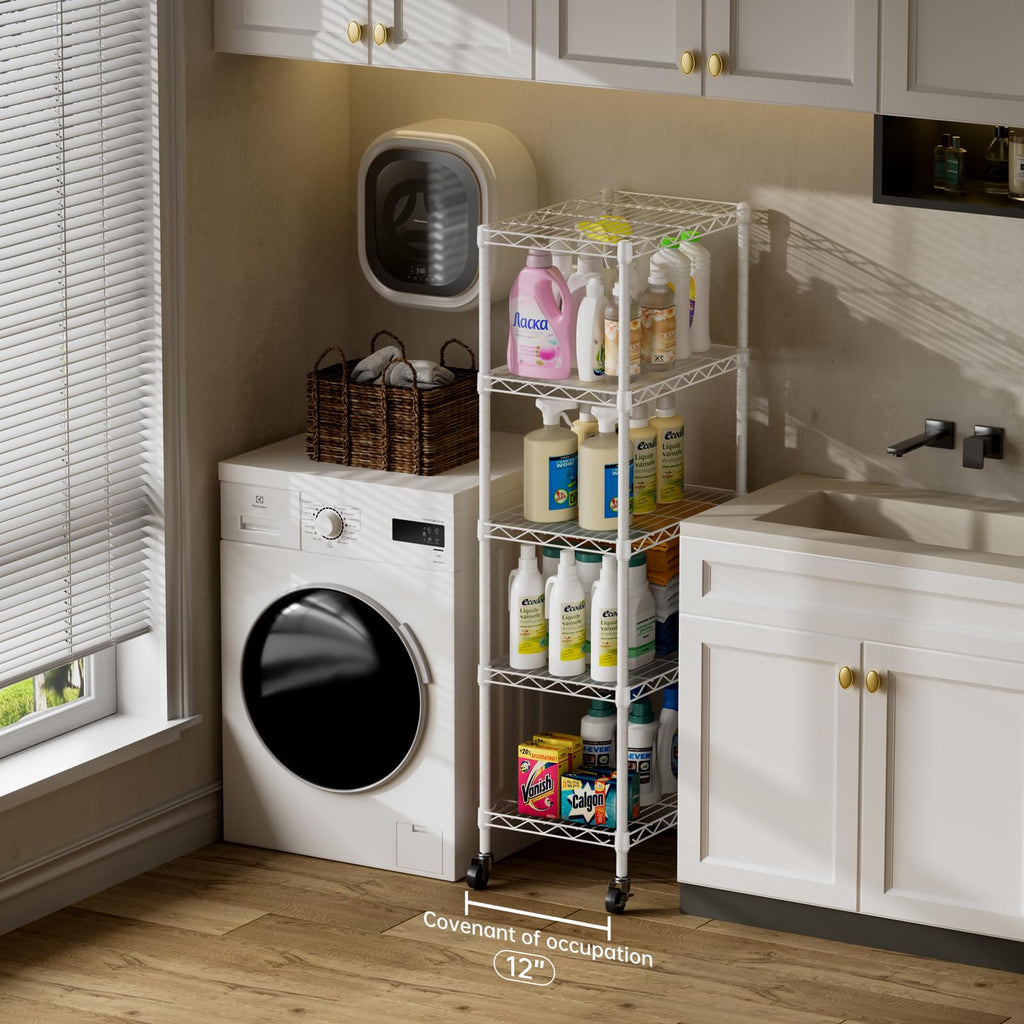 SINGAYE 3 Small Shelves Storage Shelf Wire Shelving Unit Metal Shelf Adjustable Organizers Storage Shelving with Wheels for Bathroom Laundry Room Kitchen Pantry11.5”D x 17.5”W x 30.5”H White