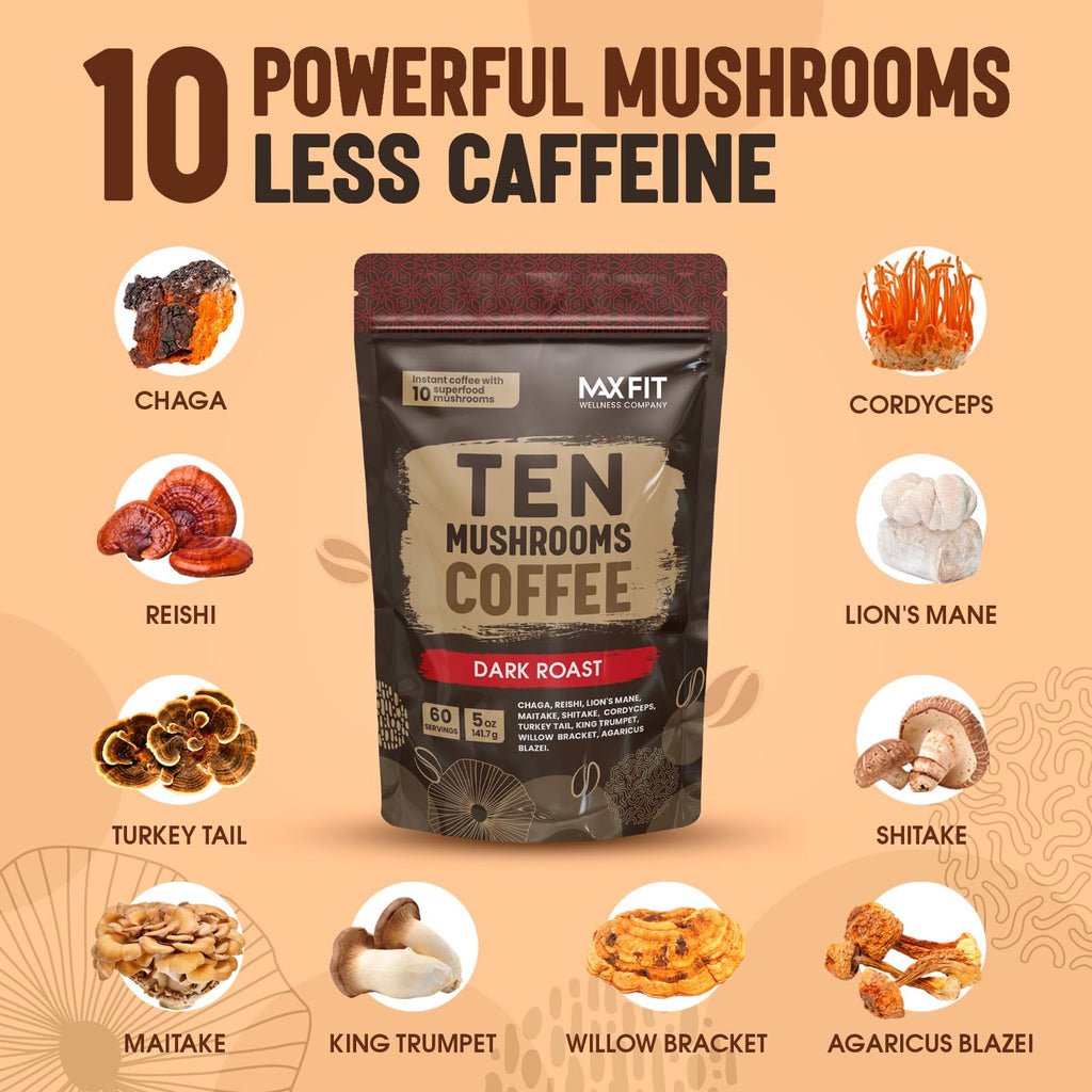 Mushroom Coffee (60 Servings) 10 Mushrooms (Lion’s Mane, Cordyceps, Turkey Tail & Other) Mixed With Gourmet Arabica Instant Immune Boosting Coffee for Focus & Gut Health Support