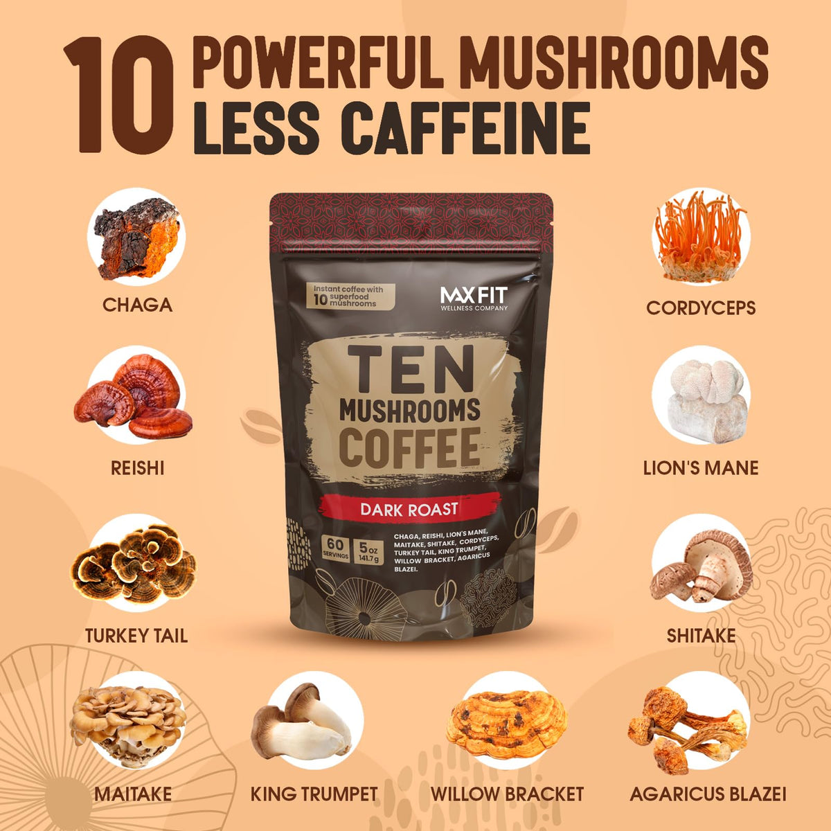 Mushroom Coffee (60 Servings) 10 Mushrooms (Lion’s Mane, Cordyceps, Turkey Tail & Other) Mixed With Gourmet Arabica Instant Immune Boosting Coffee for Focus & Gut Health Support