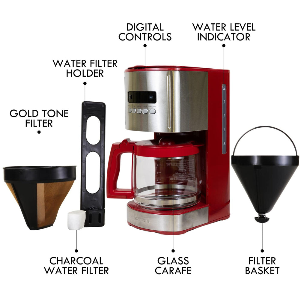 Kenmore Drip Coffee Maker - Programmable Cafe Machine With Glass Pot, Regular & Bold Brew, Auto Shut Off Large Water Reservoir, Reusable Filter, Kitchen Appliances For Cafeteria Barista, 12 Cup Black