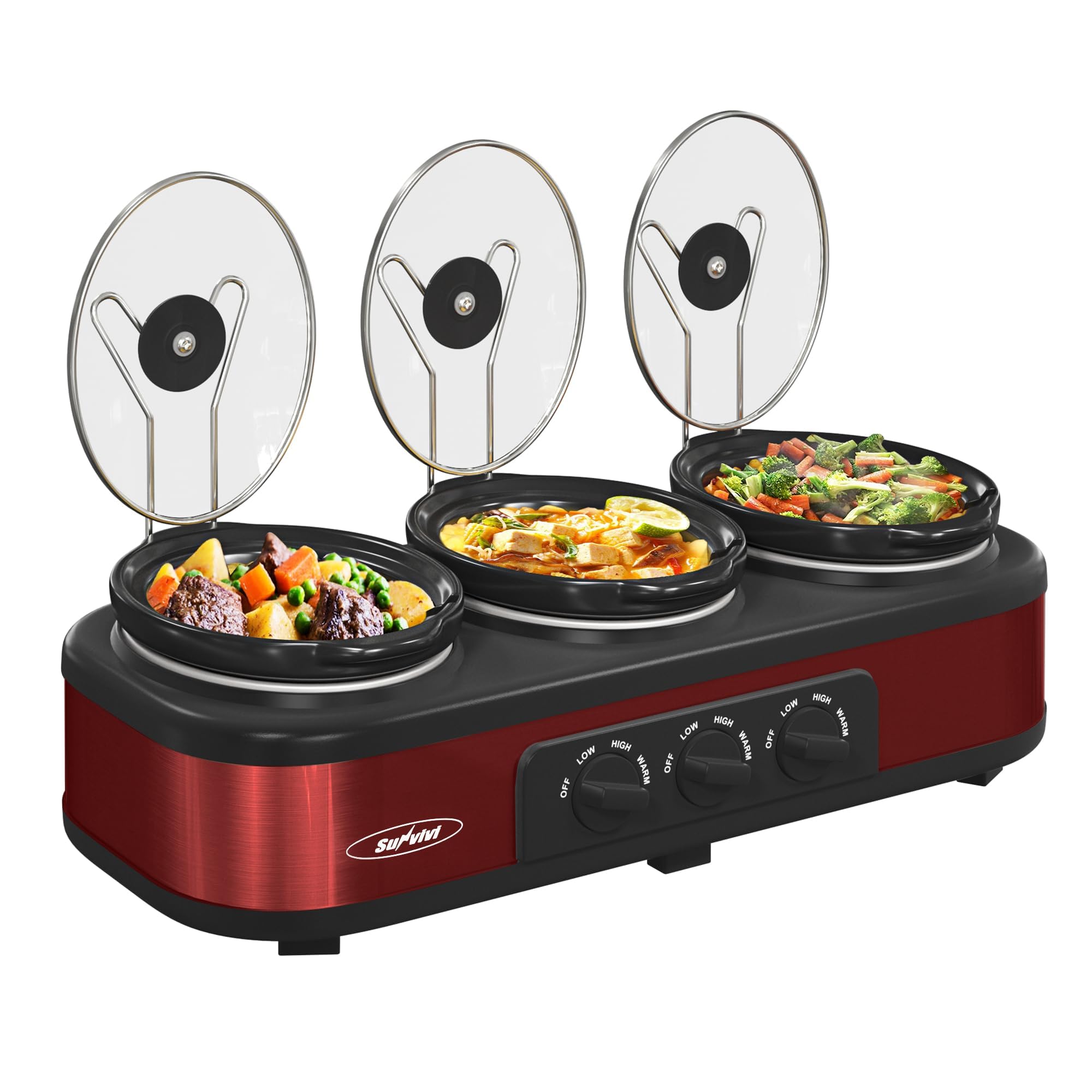 SUNVIVI Triple Slow Cooker, Buffet Food Warmer with 3 x 1.5 QT Removable Ceramic Pots, Buffet Servers and Warmers with Glass Lids and 3 Spoons, Stainless Steel, Blue