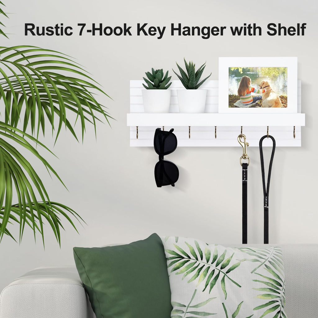Decorative Key Holder for Wall with Shelf, Entryway Shelf with Hooks Holds Leashes, Jackets and Glasses – Sturdy Wood Keyholder Entrance Hanger with Mounting Hardware (Black, Medium)