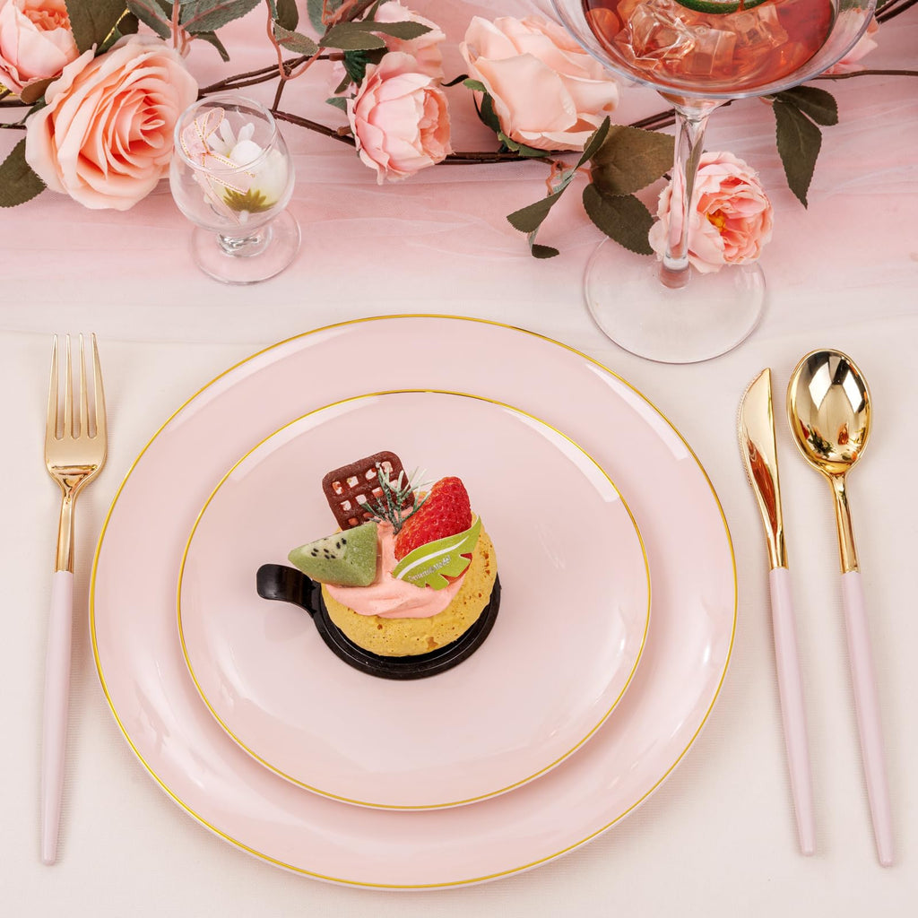 DaYammi 150Pcs Gold Plastic Plates with Disposable Silverware,White Gold Disposable Dinnerware Set - 30 Dinner Plate,30 Dessert Plate,90 Gold Cutlery with White Handles,Fancy Plates for Party Wedding