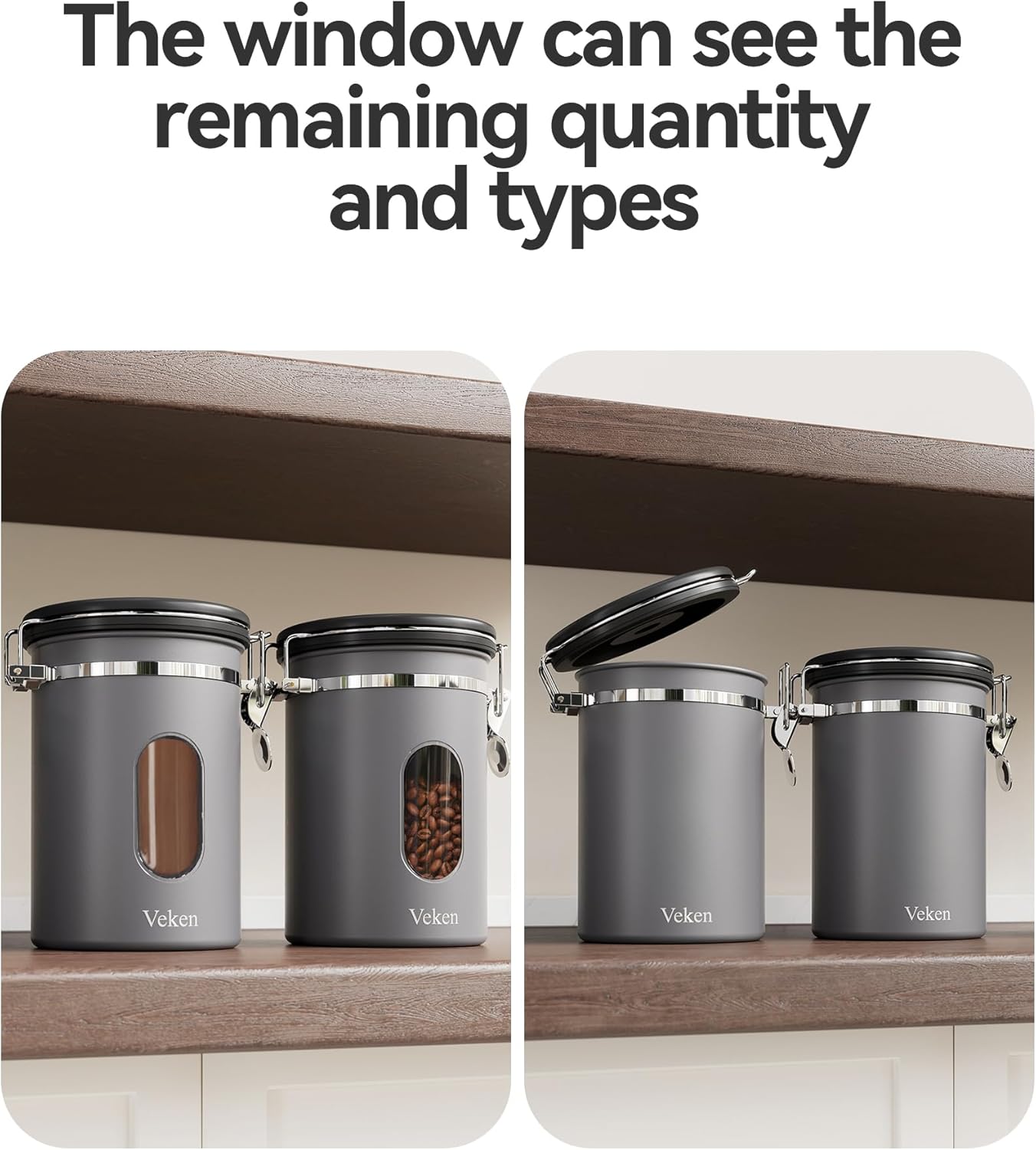 Veken Coffee Canister with Window,Airtight Stainless Steel Kitchen Food Storage Container, Date Tracker & Scoop for Grounds Coffee, Beans, Tea,Flour,Cereal,Sugar,22OZ,Copper