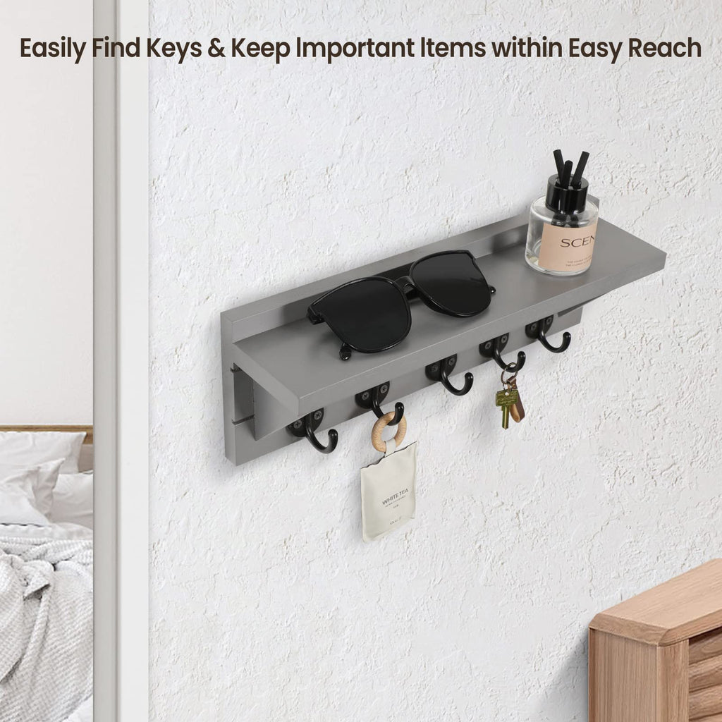 Wall Key Holder with Shelf, Rustic Shelf with Hooks Made of Paulownia Wood Holds Keys, Dog Leash, Bags and More - 13.7" W x 4.7" H x 3.5" D Decorative Key Hanger and Entryway Shelf (Gray)